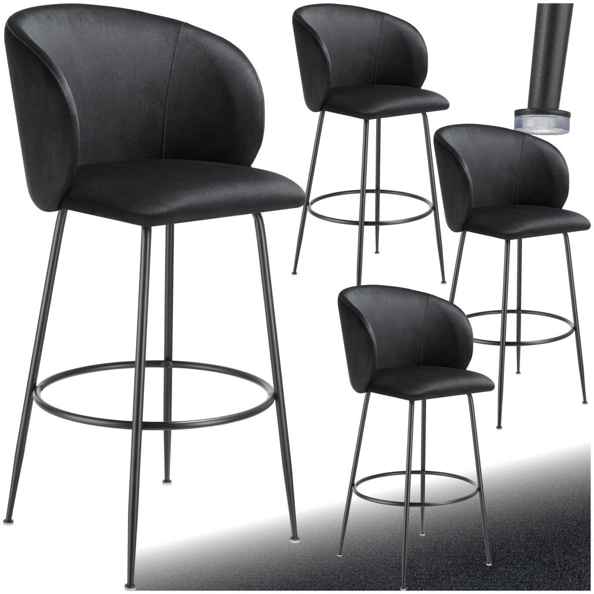 tectake Chaise de bar en velours rembourré noir/noir Ensemble de 4 pièces