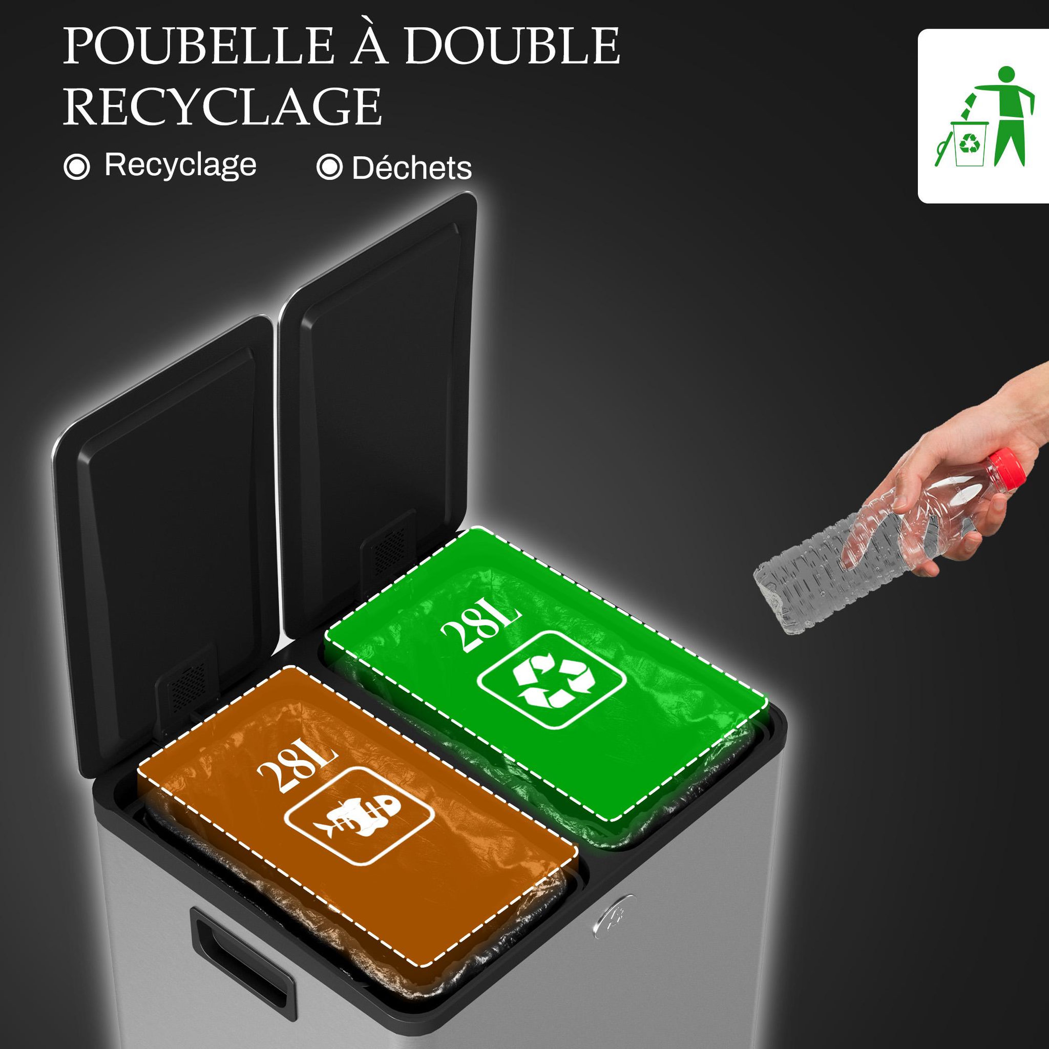 Voir la diapositive 4 : HOMCOM Poubelle de cuisine tri selectif 2 x 28l - poubelle à pédales - acier inox