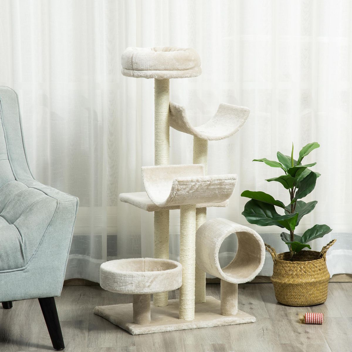 PAWHUT Arbre à chat multi-équipement griffoirs grattoirs plateformes tunnel paniers dim. 50 x 40 x 105 cm beige