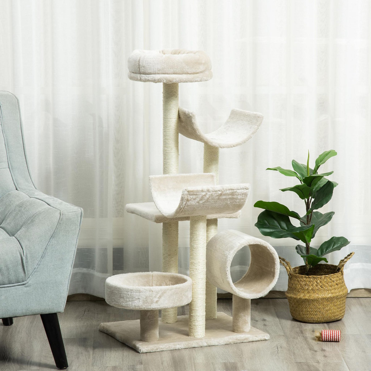 PAWHUT Arbre à chat multi-équipement griffoirs grattoirs plateformes tunnel paniers dim. 50 x 40 x 105 cm beige