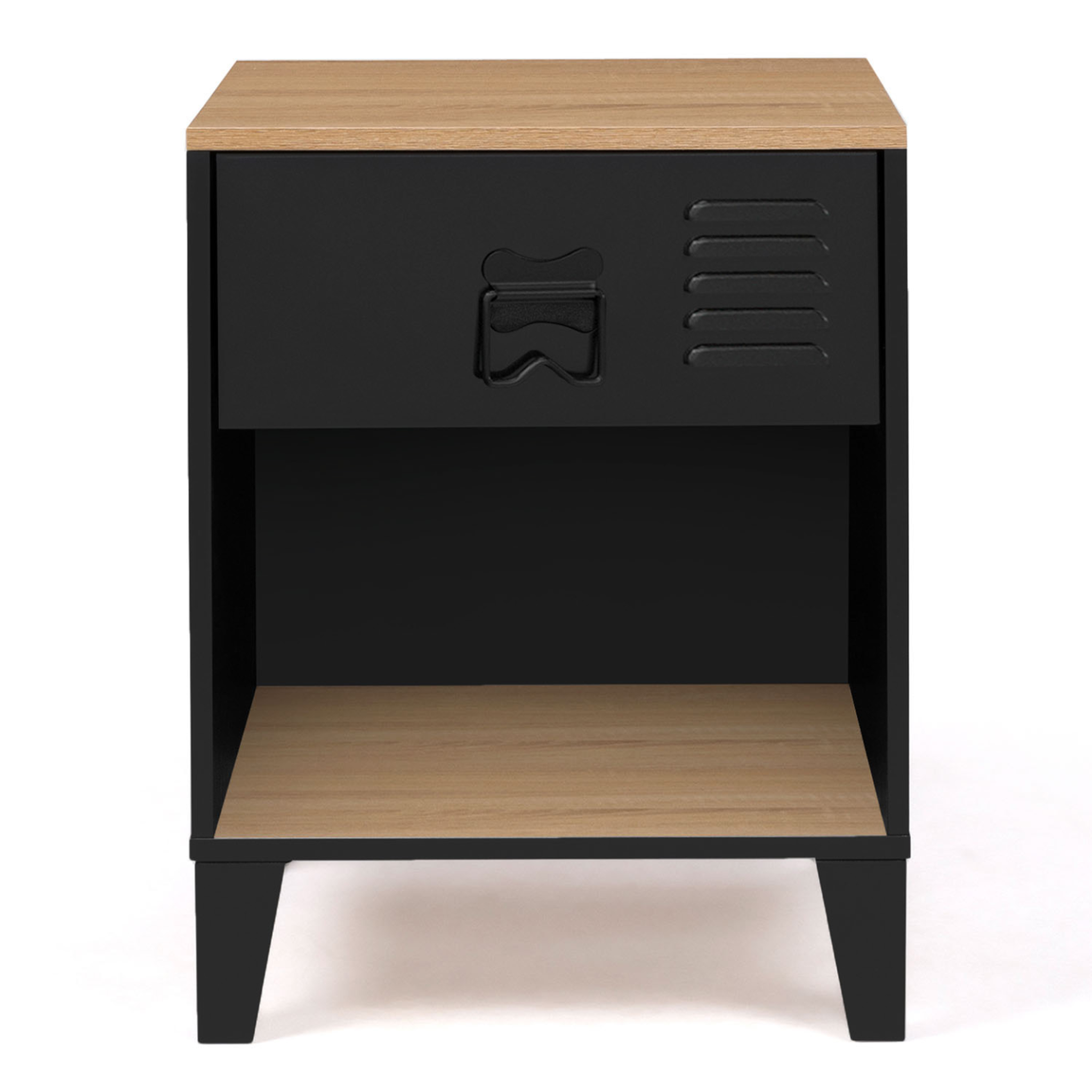 Voir la diapositive 3 : ID MARKET Lot de 2 tables de chevet ester 1 tiroir métal noir avec niche et plateau façon hêtre design industriel