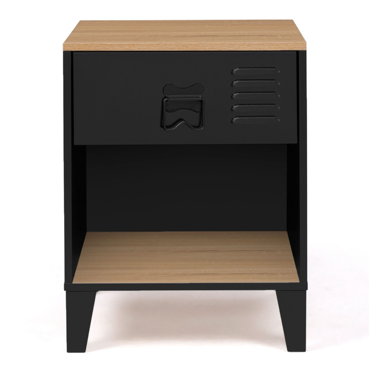 ID MARKET Lot de 2 tables de chevet ESTER 1 tiroir métal noir avec niche et plateau façon hêtre design industriel