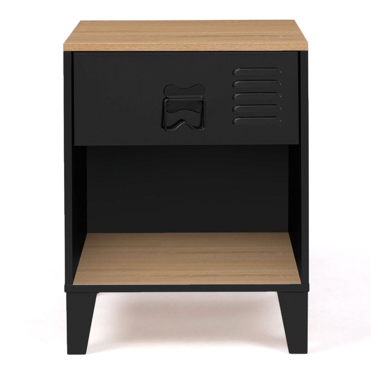 ID MARKET Lot de 2 tables de chevet ESTER 1 tiroir métal noir avec niche et plateau façon hêtre design industriel