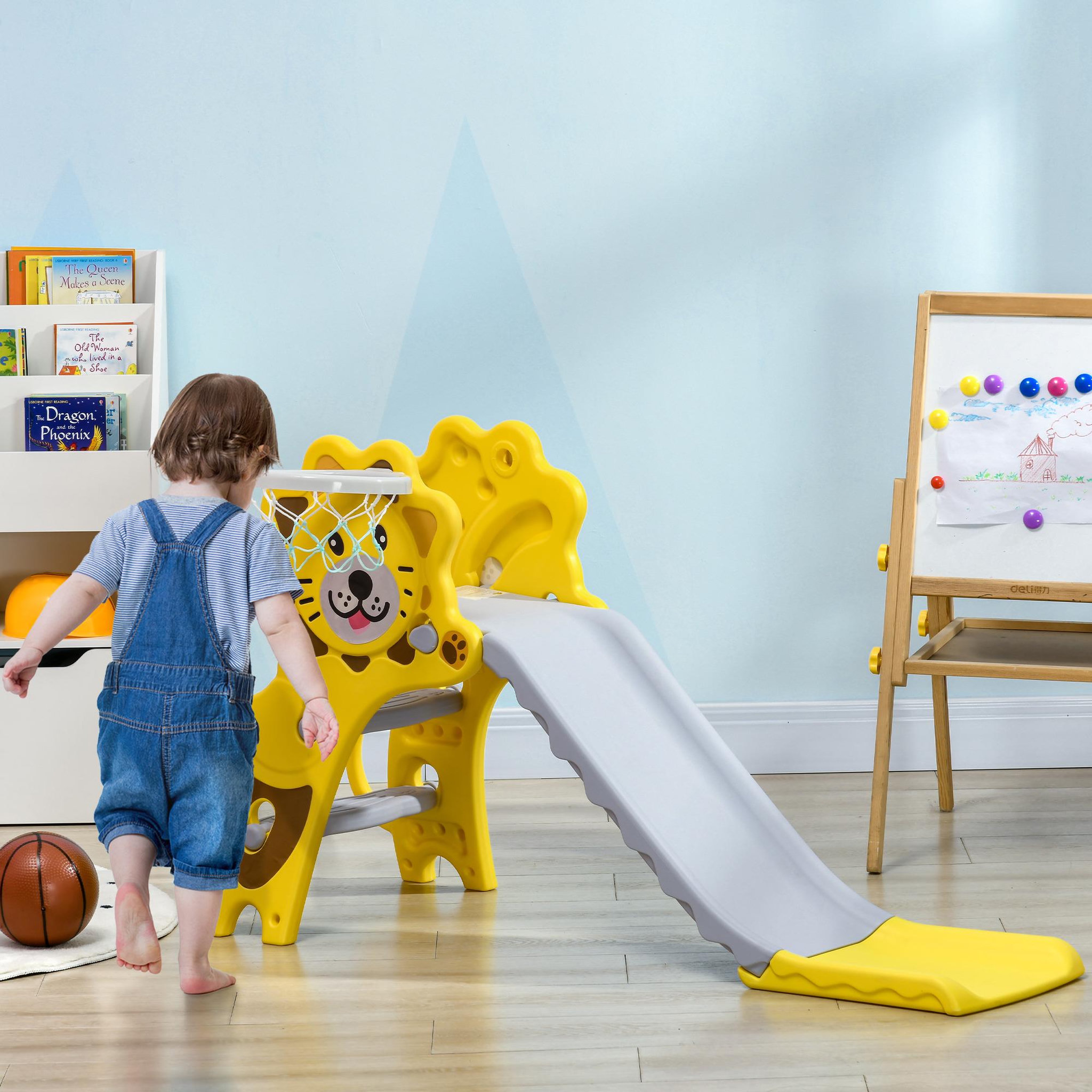 Voir la diapositive 2 : HOMCOM Toboggan enfant 18-36 mois - panier basket, ballon, pompe inclus - HDPE jaune gris