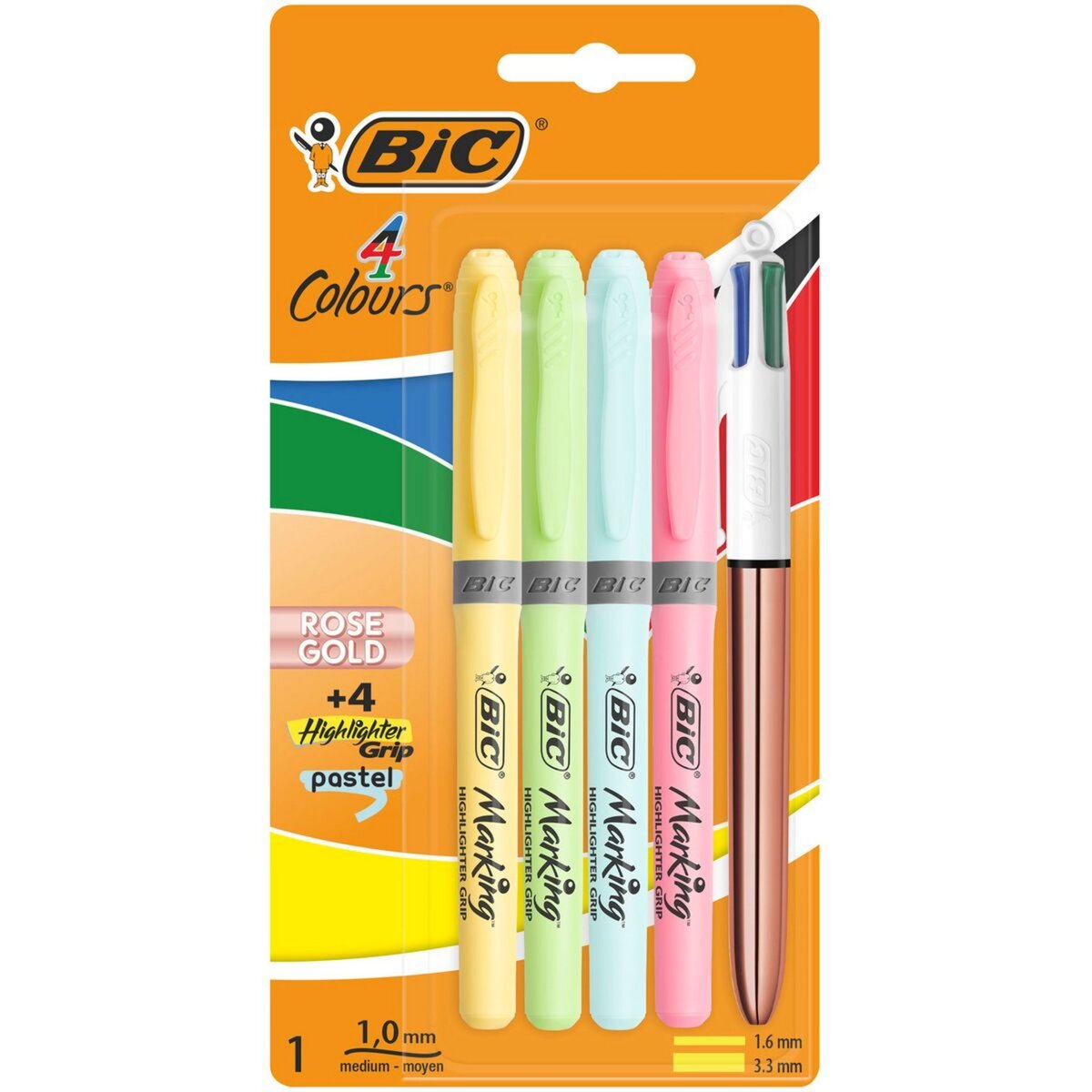 BIC Lot de 4 surligneurs pastel + 1 stylo bille 4 couleurs rétractable rose gold