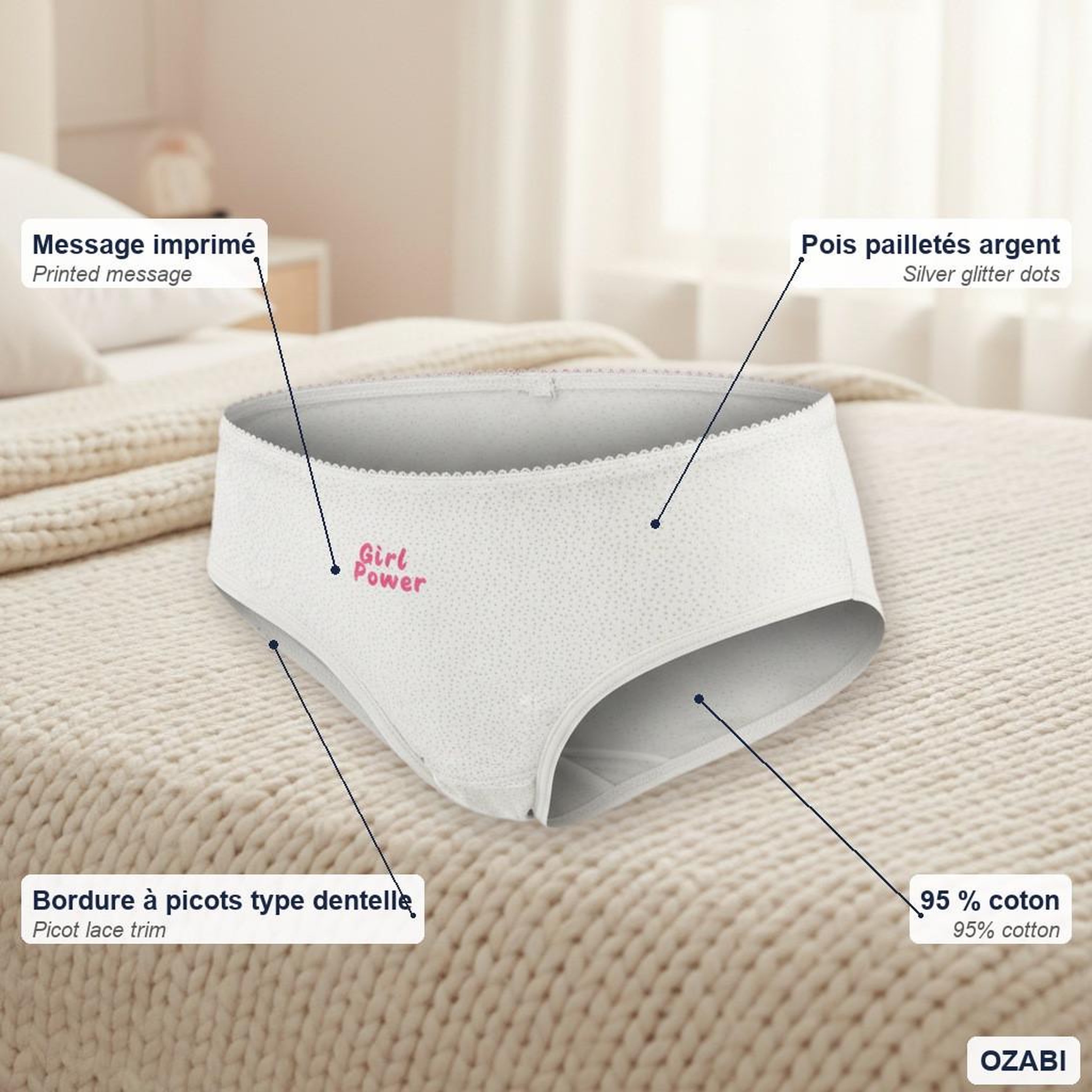 Voir la diapositive 5 : OZABI OZABI Culottes Fille Message Humoristique Pois Pailletés - Pack de 4 (Lot)