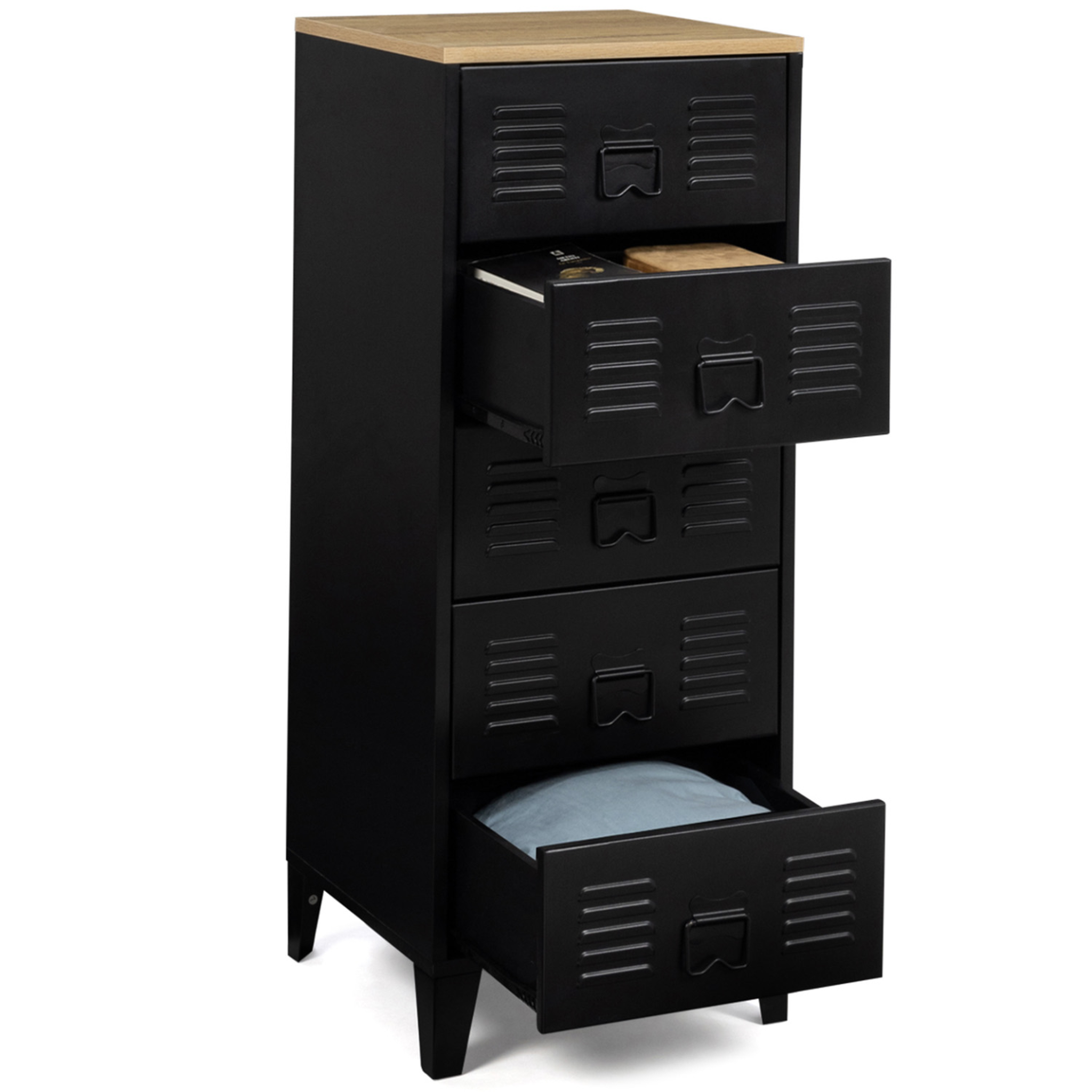 Voir la diapositive 4 : ID MARKET Chiffonnier 5 tiroirs ester 40x40x100 cm métal noir et plateau façon hêtre design industriel