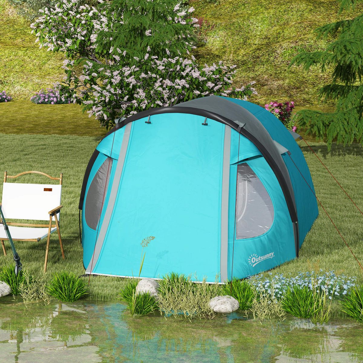 OUTSUNNY Tente de camping 2-4 personnes - tente dôme familiale imperméable - sac de transport inclus bleu
