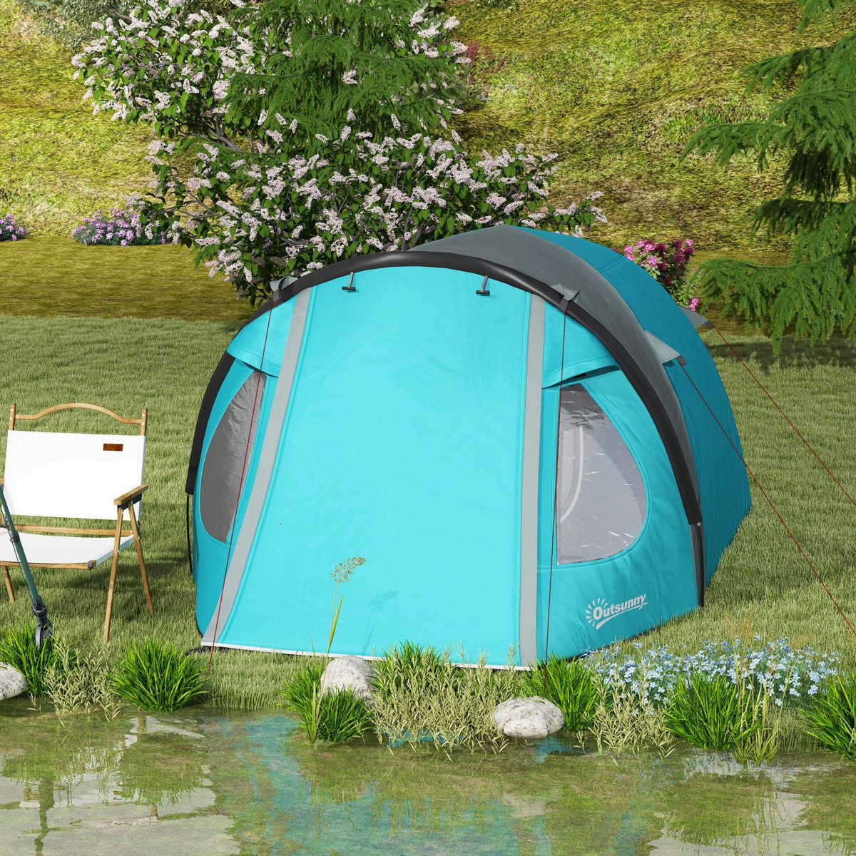 OUTSUNNY Tente de camping 2-4 personnes - tente dôme familiale imperméable - sac de transport inclus bleu
