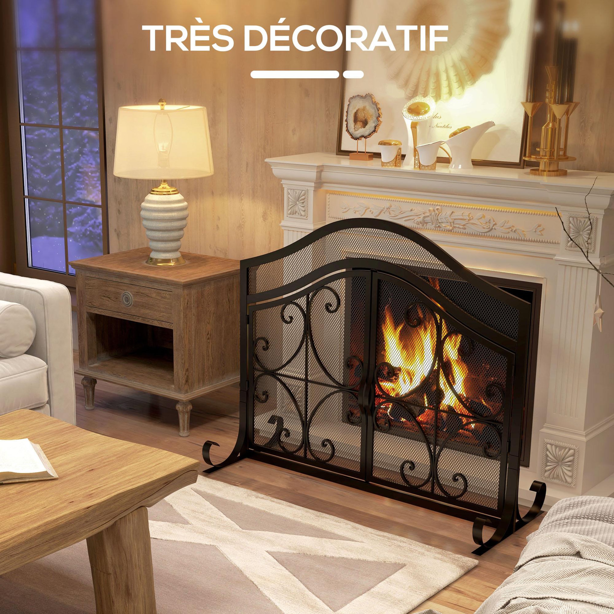 Voir la diapositive 6 : HOMCOM Pare-feu cheminée poêle style fer forgé - pare-étincelles 2 portes - dim. 105L x 40l x 80H cm - acier métal noir