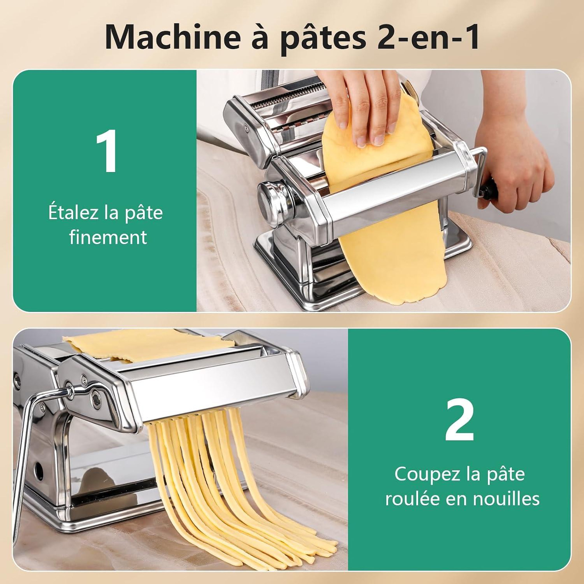 Voir la diapositive 2 : YASHE Machine à pâtes manuelle, 7 épaisseurs, 2 largeurs