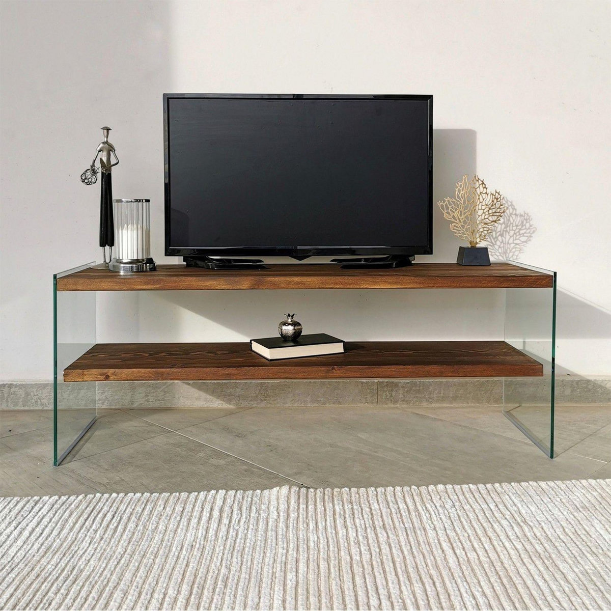 TOILINUX Meuble TV avec 2 étagères en bois de pin et sa structure en verre L.120cm x H.45cm - Marron clair