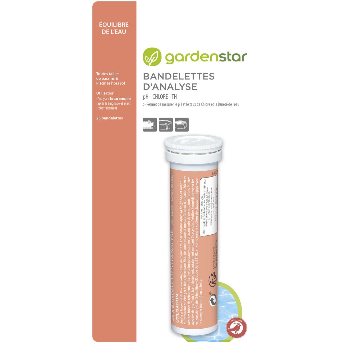 AUCHAN Bandelettes d'analyse du chlore du pH et de la dureté