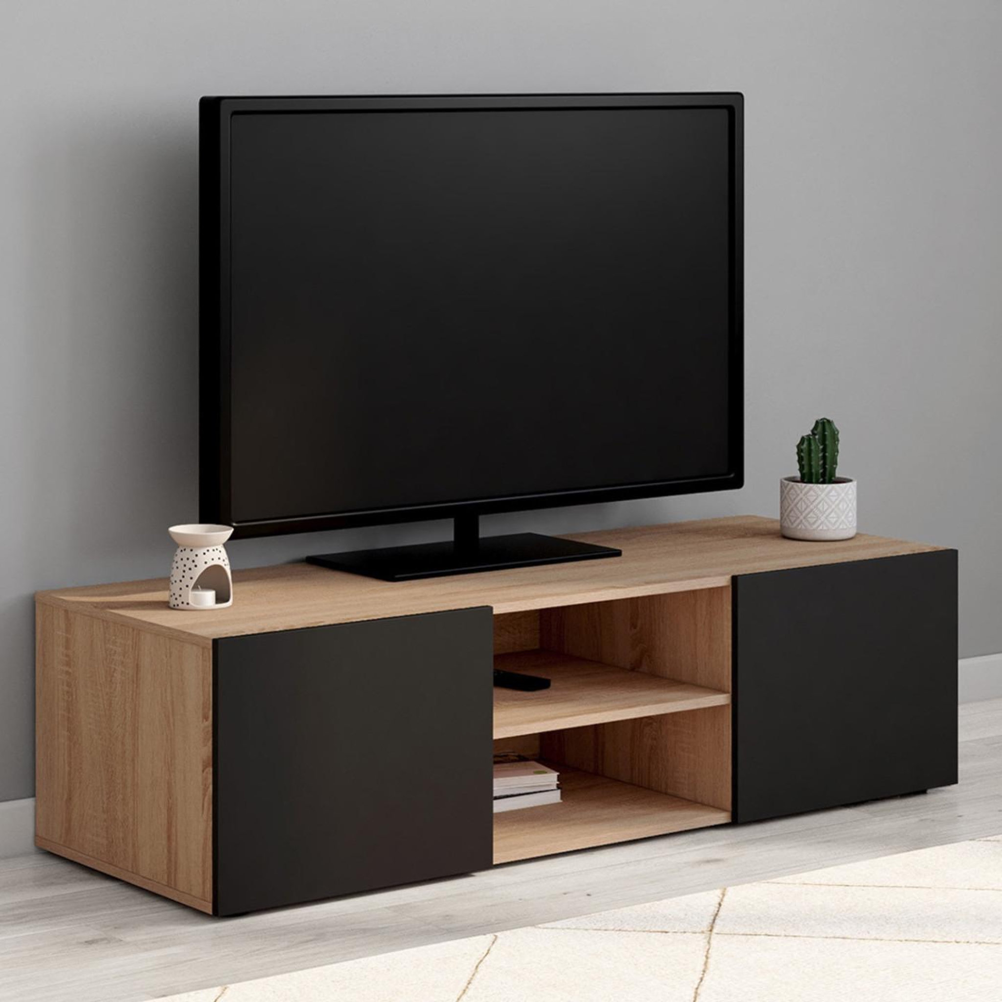 Voir la diapositive 2 : ID MARKET Meuble tv 113 cm eli bois façon hêtre portes noires