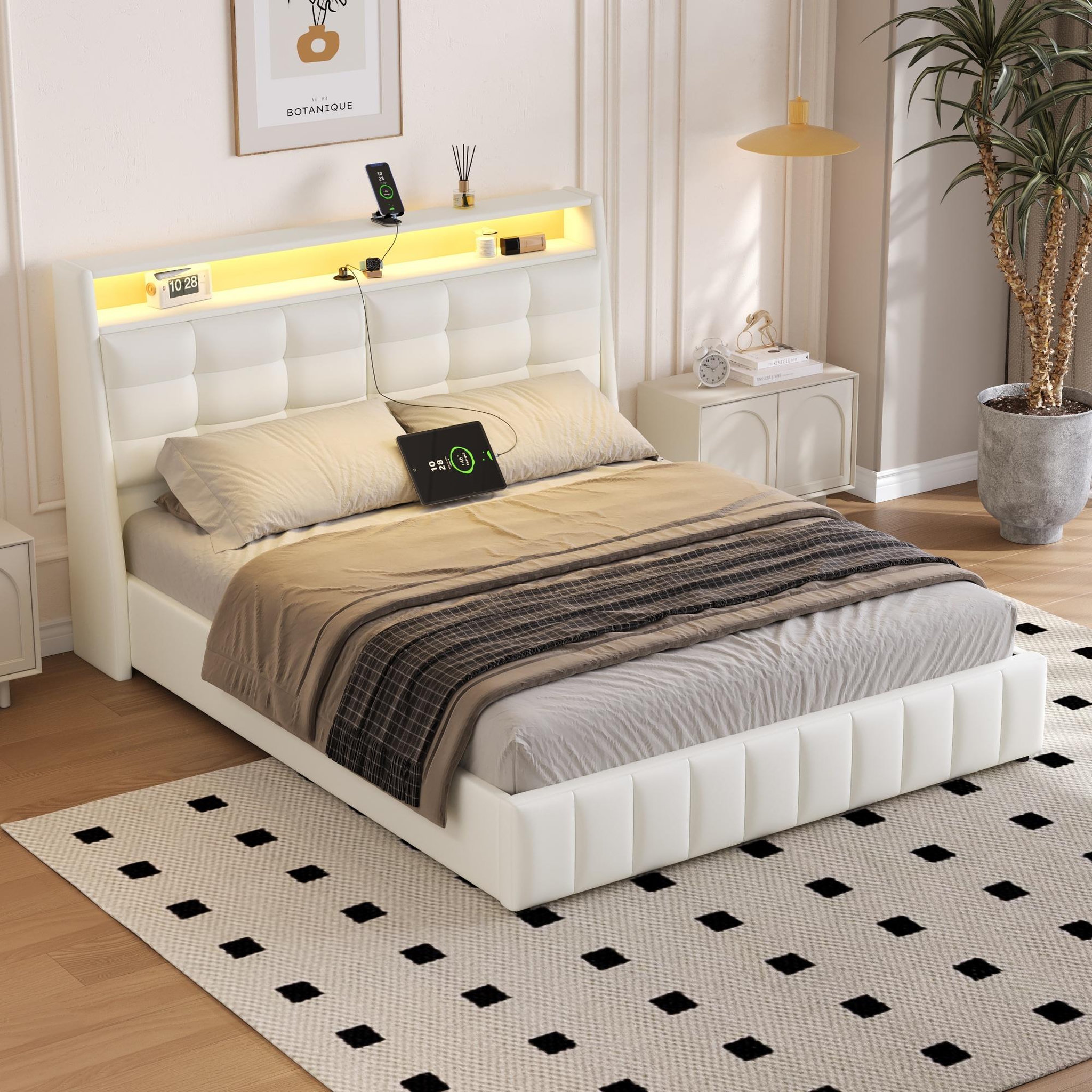 Voir la diapositive 2 : MERAX Lit coffre rembourré 160x200 cm coloris blanc led mdf