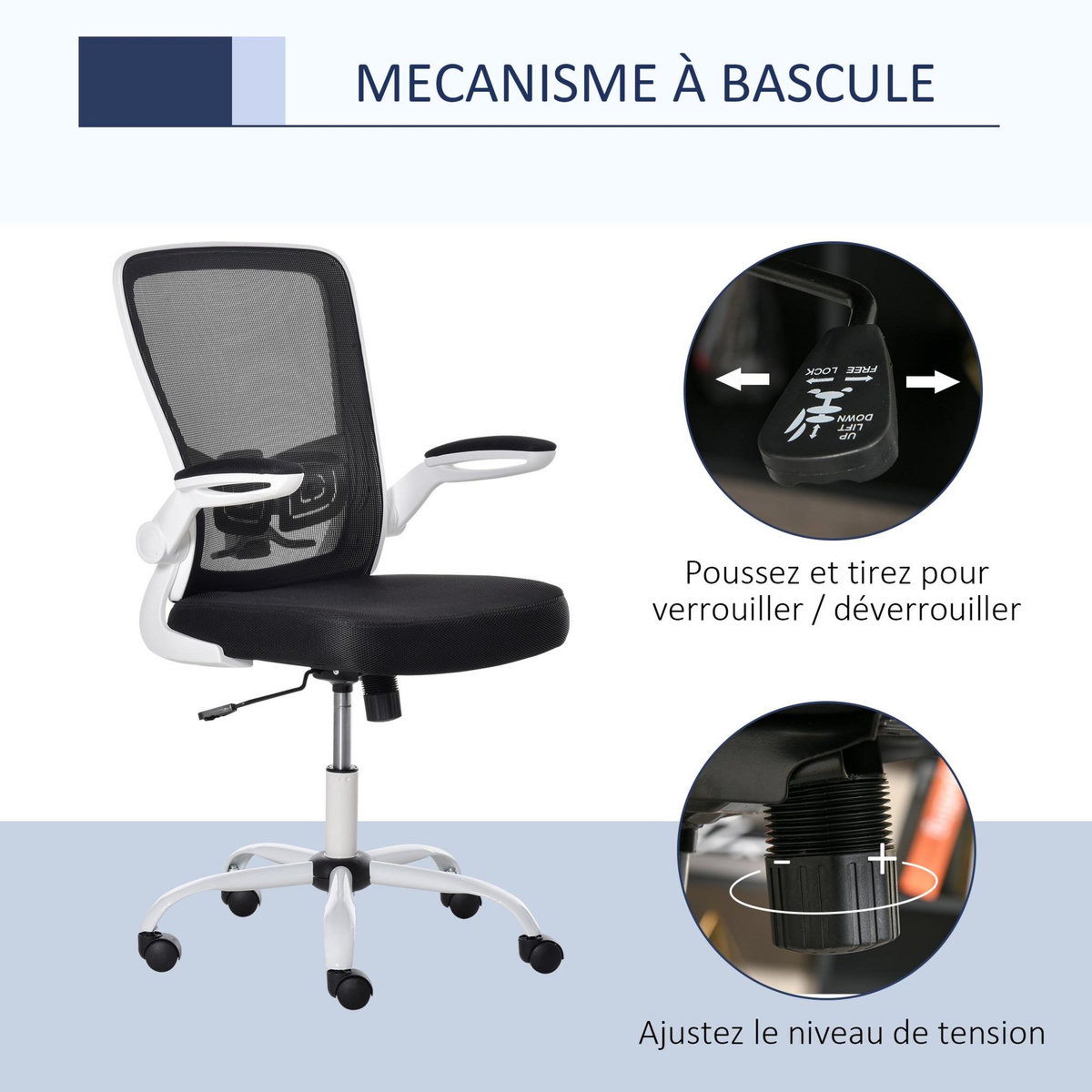 VINSETTO Vinsetto Chaise de bureau ergonomique hauteur réglable pivotante 360° accoudoirs relevables tissu maille bicolore noir blanc