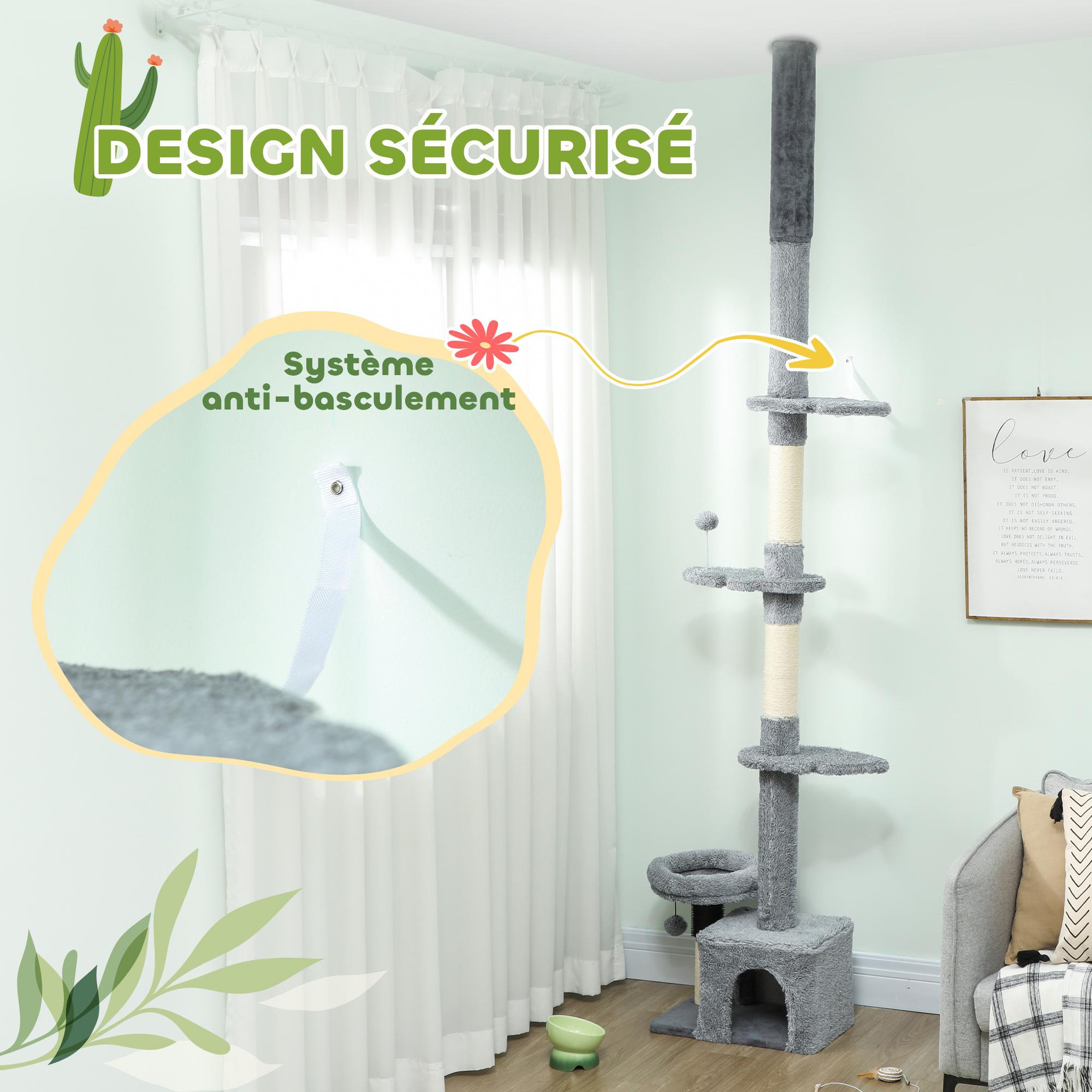 Voir la diapositive 6 : PAWHUT Arbre à chat du sol au plafond h.225-255cm - arbre à chat tour réglable - niche, plateformes, griffoirs, boules - gris