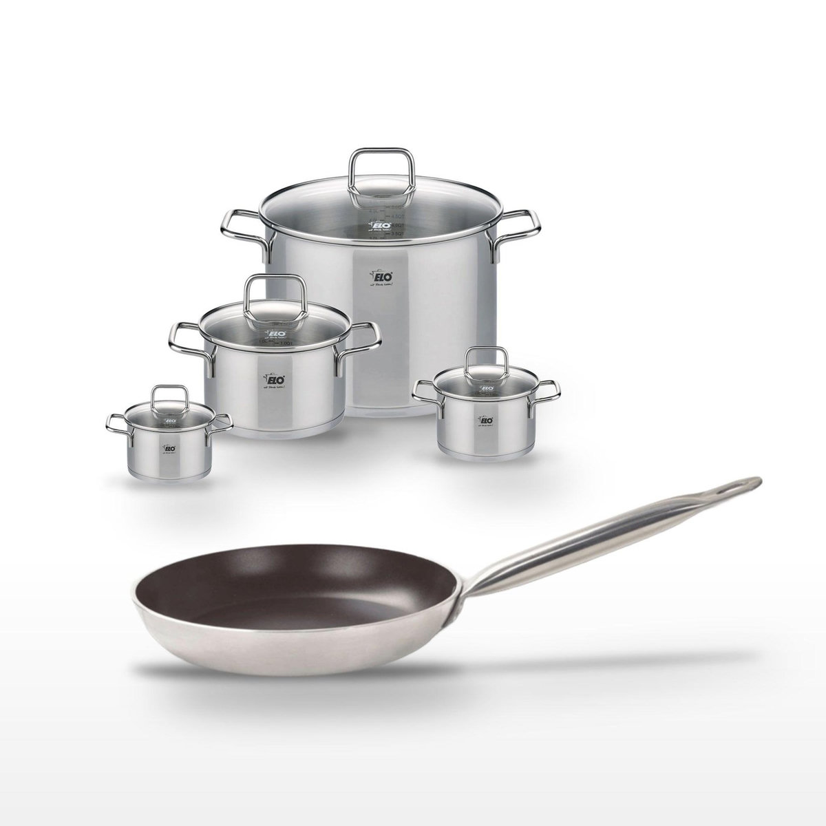 ELO Lot Poêle 24cm avec revêtement céramique sans PFAS & 4 Faitouts 12/14/20/26 cm Elo Bistro Line Citrin