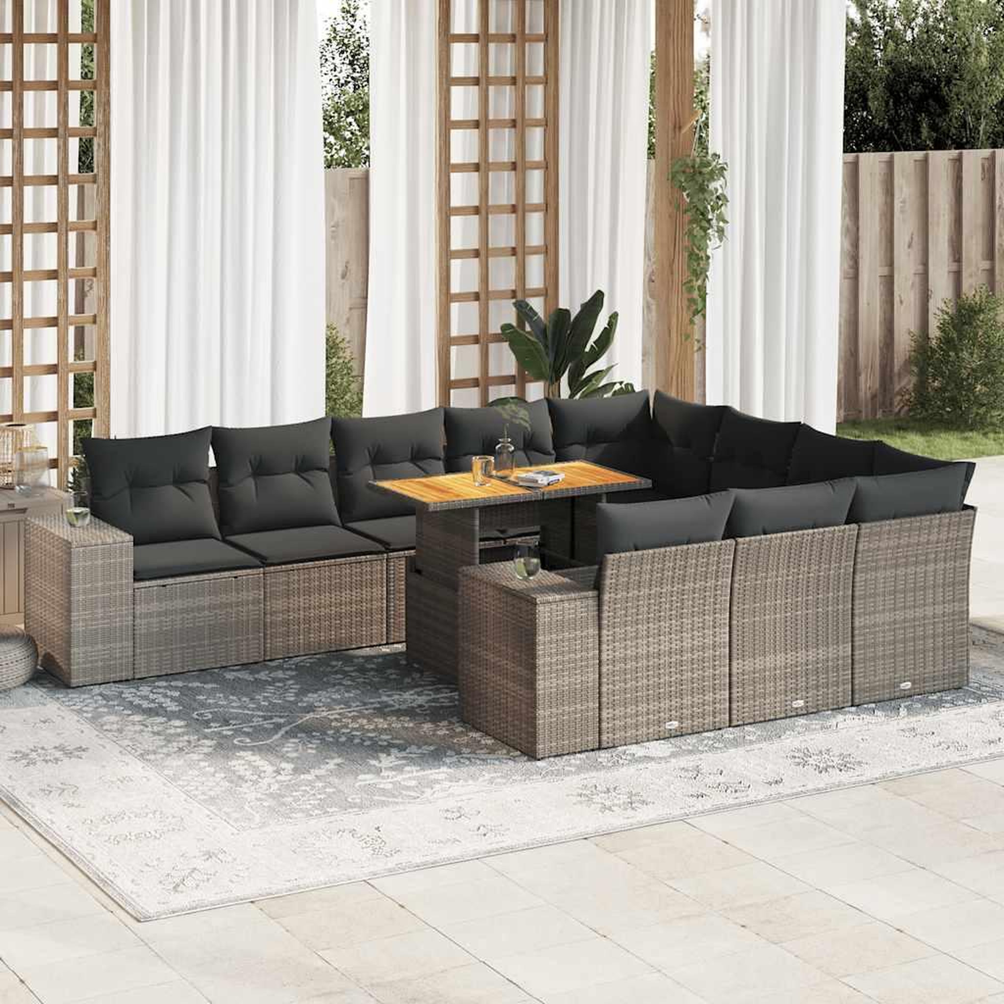 VIDAXL Salon de jardin avec coussins 10 pcs gris resine tressee acacia