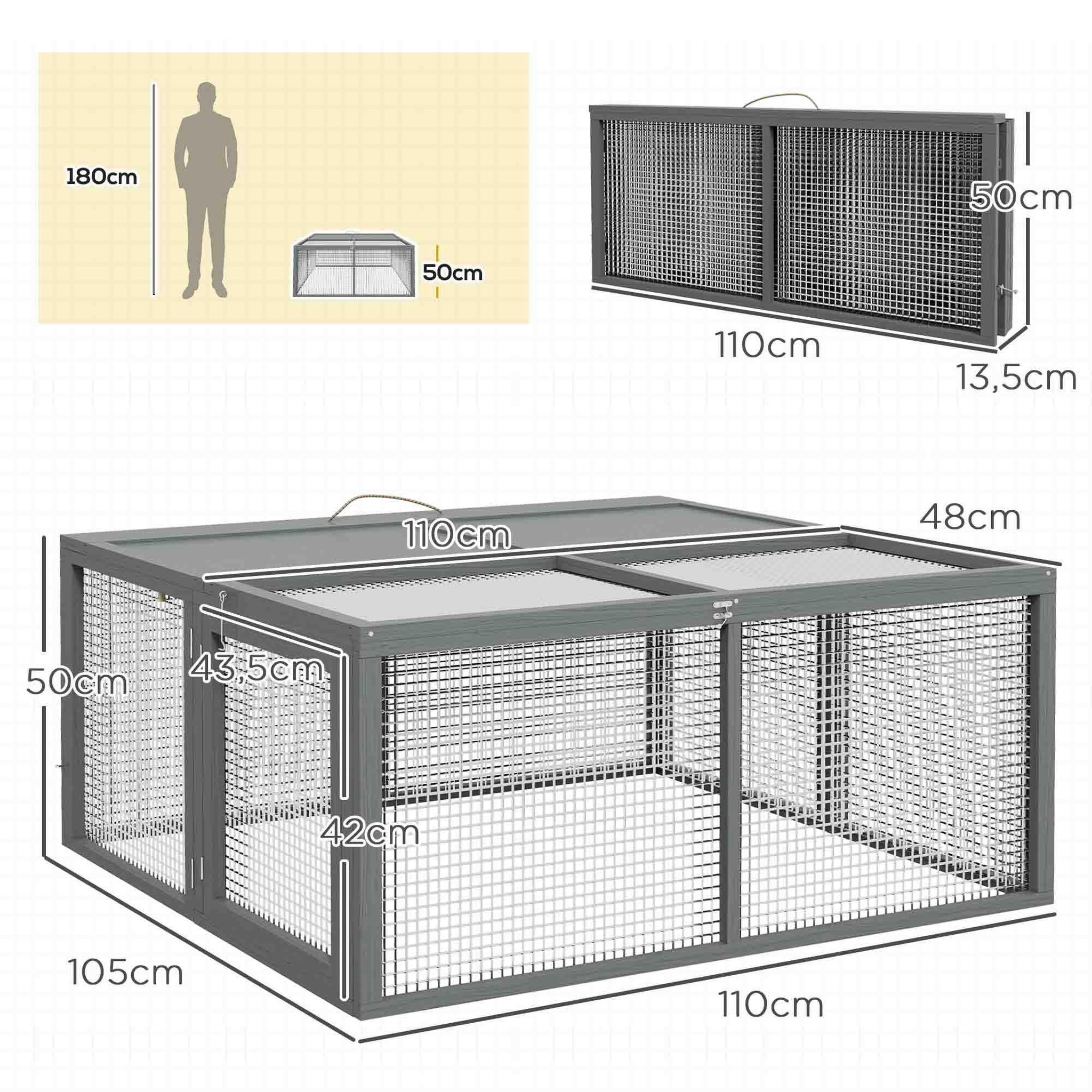 Voir la diapositive 3 : PAWHUT Clapier pliable avec poignée - cage à lapin - toit ouvrant, porte - 110 x 105 x 50 cm - acier bois gris
