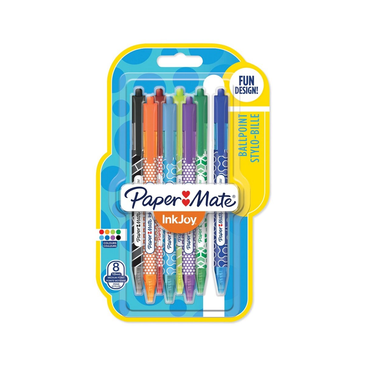 PAPERMATE  Lot de 8 stylos bille rétractable Inkjoy Fun Design coloris assortis