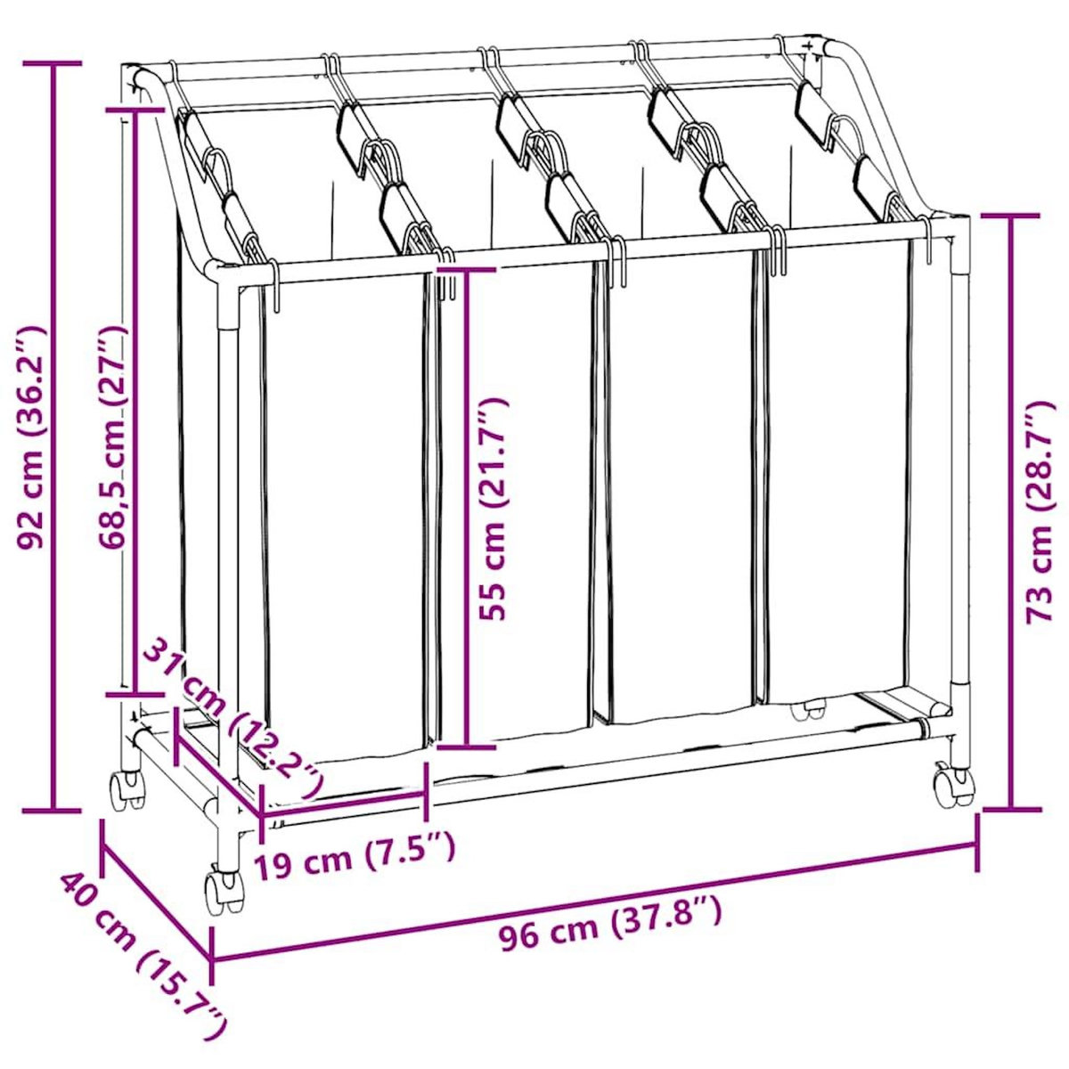 VIDAXL Trieuse a linge avec 4 sacs Bleu Acier