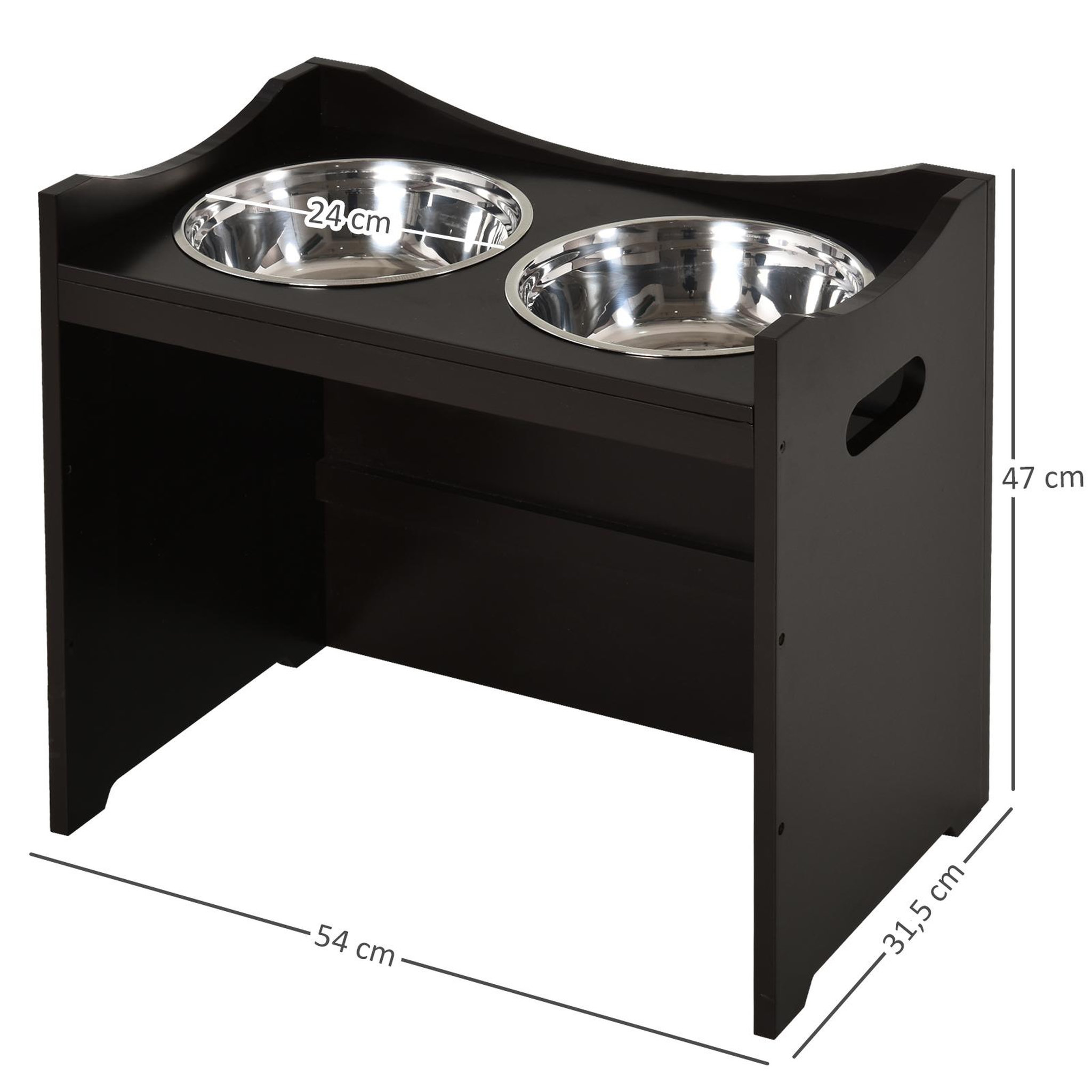 Voir la diapositive 3 : PAWHUT Gamelle double chien chat porte-gamelles surélevé dim. 54L x 31l x 47H cm 2 gamelles acier inox. incluses MDF brun foncé