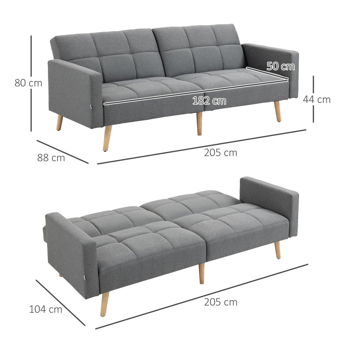 HOMCOM Canapé convertible 2 places design scandinave dossier inclinable 3 positions piètement bois tissu aspect lin gris