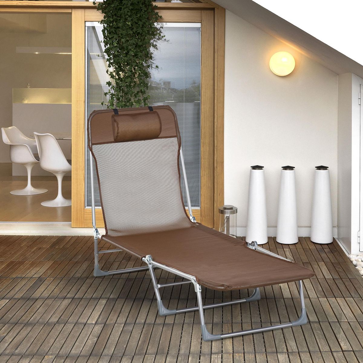 OUTSUNNY Bain de soleil transat pliable dossier réglable 5 positions acier teslin marron