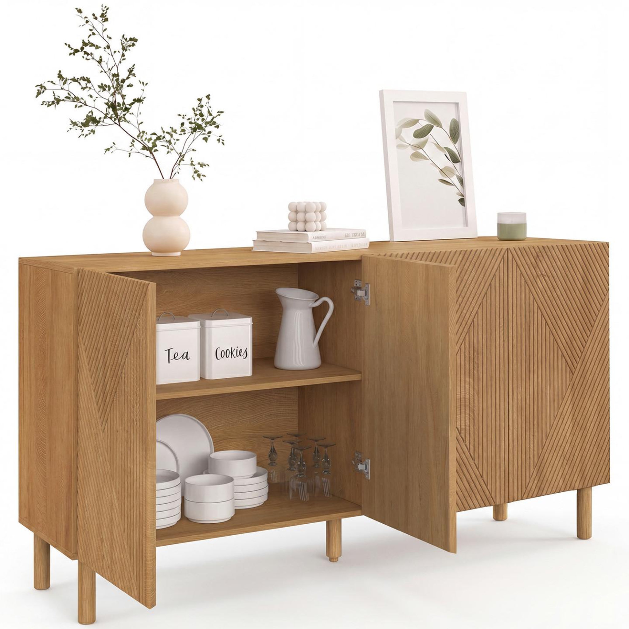 Voir la diapositive 4 : ID MARKET Buffet 160 cm himara 4 portes lattes géométriques bois clair