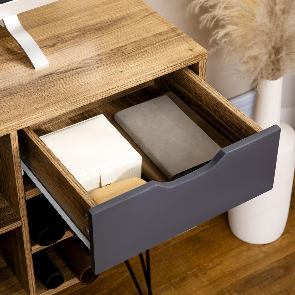 HOMCOM Meuble TV banc TV design industriel graphique - 4 tiroirs, 4 niches, porte - piètement épingle métal noir aspect bois