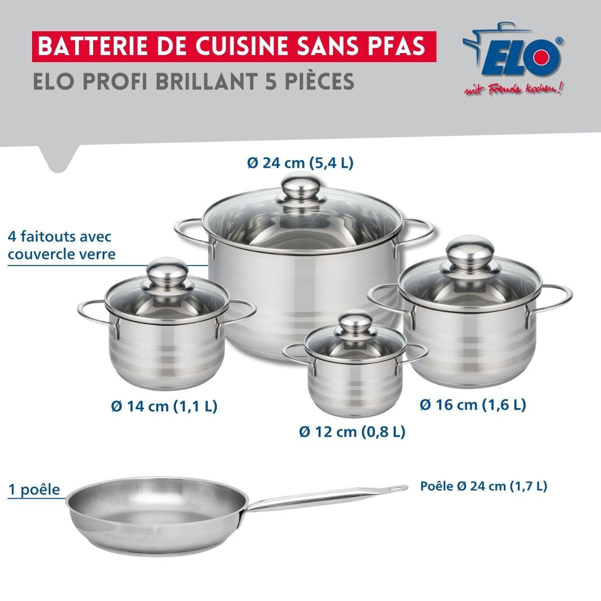 Voir la diapositive 2 : ELO Ensemble de 1 poêle de cuisson 24 cm et 4 faitouts 12, 14, 16 et 24 cm elo profi brillant