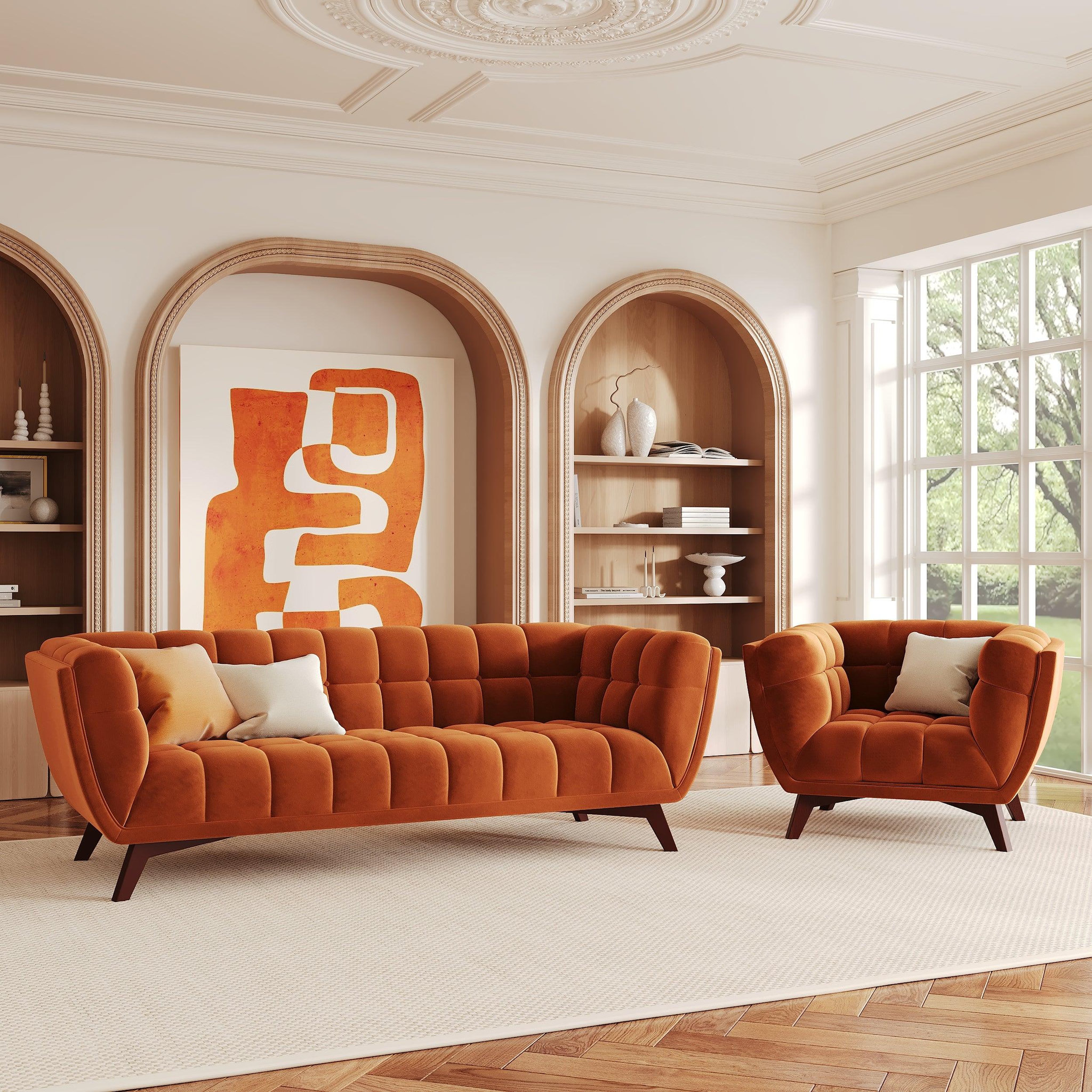 Voir la diapositive 5 : MAISON PAVANE Fauteuil en velours orange curcuma-mona