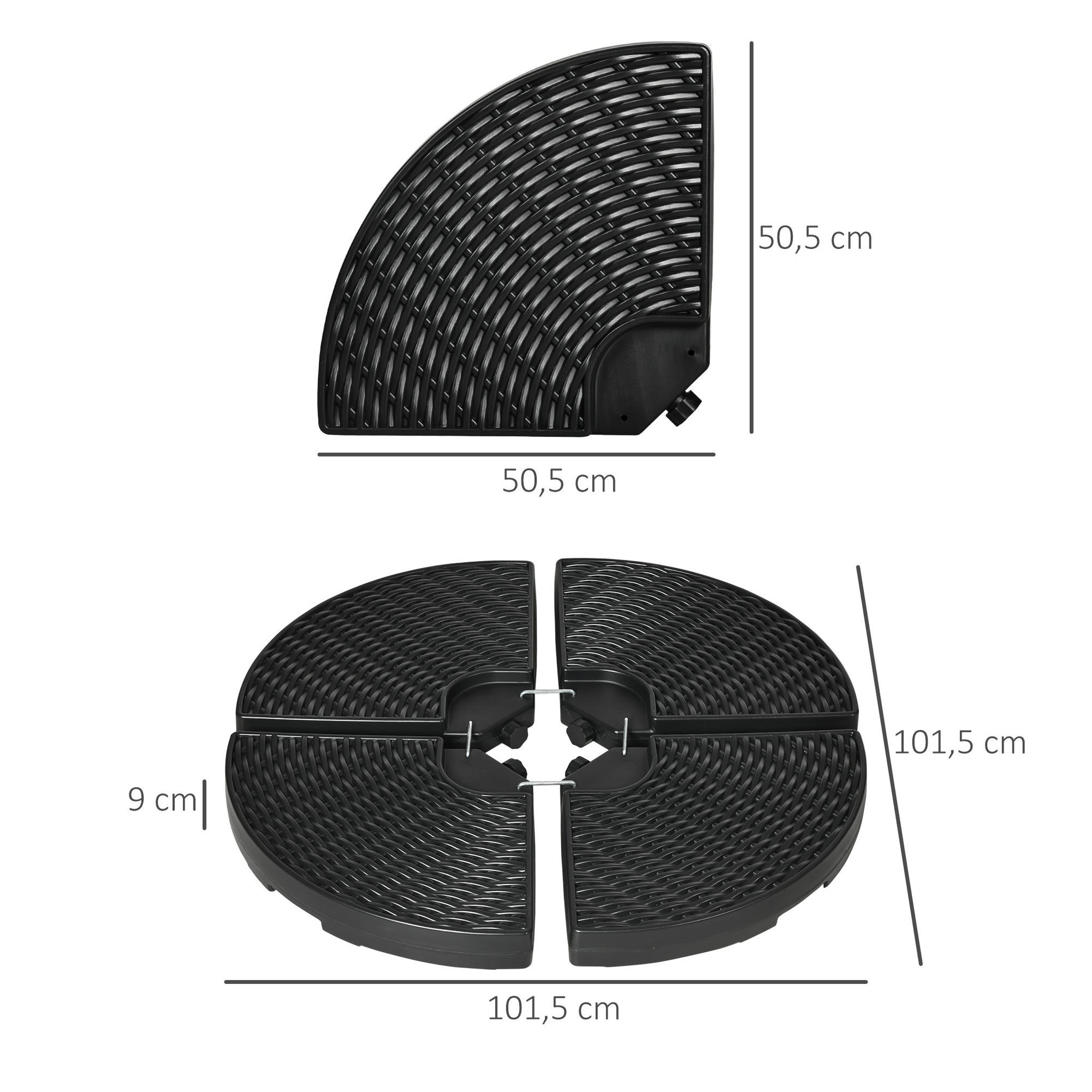 Voir la diapositive 3 : OUTSUNNY Pied de parasol lot de 4 dalles pour parasol à lester dim. tot. 100L x 100l x 8H cm HDPE aspect rotin noir
