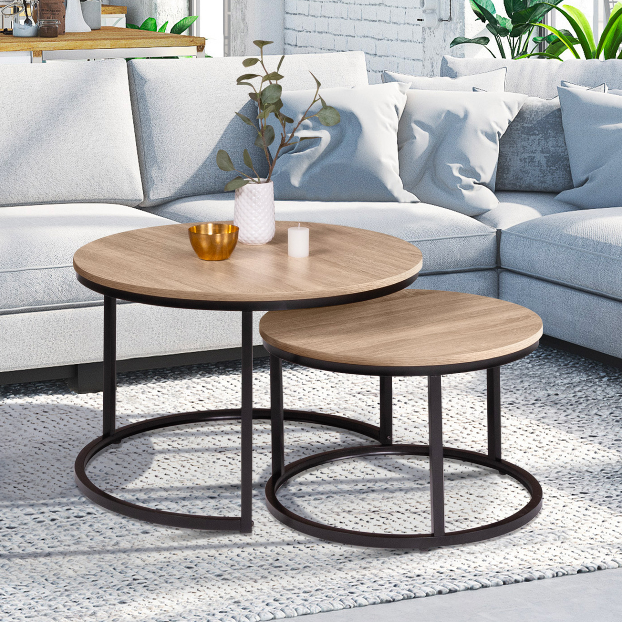 Voir la diapositive 2 : ID MARKET Lot de 2 tables basses gigognes detroit rondes 54/70 design industriel