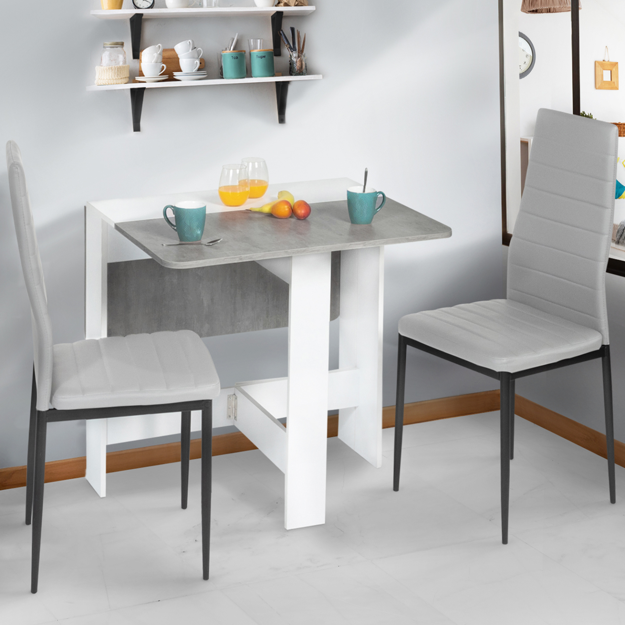 Voir la diapositive 2 : ID MARKET Table console pliable edi 2-4 personnes blanche plateau effet béton 103 x 76 cm