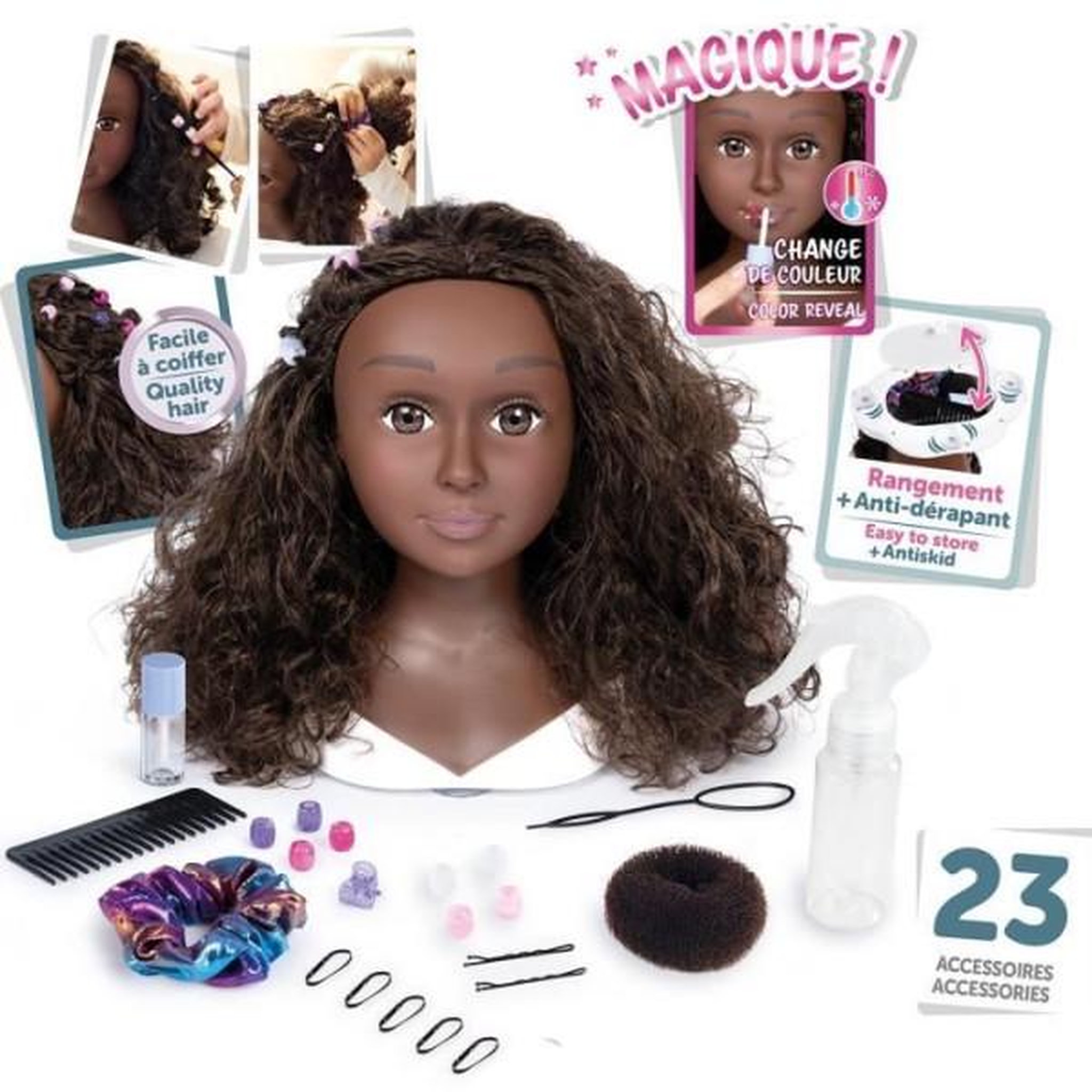 SMOBY Smoby - tete a coiffer cheveux afro - facile a coiffer - 23 accessoires réalistes - levres thermosensibles - trappe de rangemen
