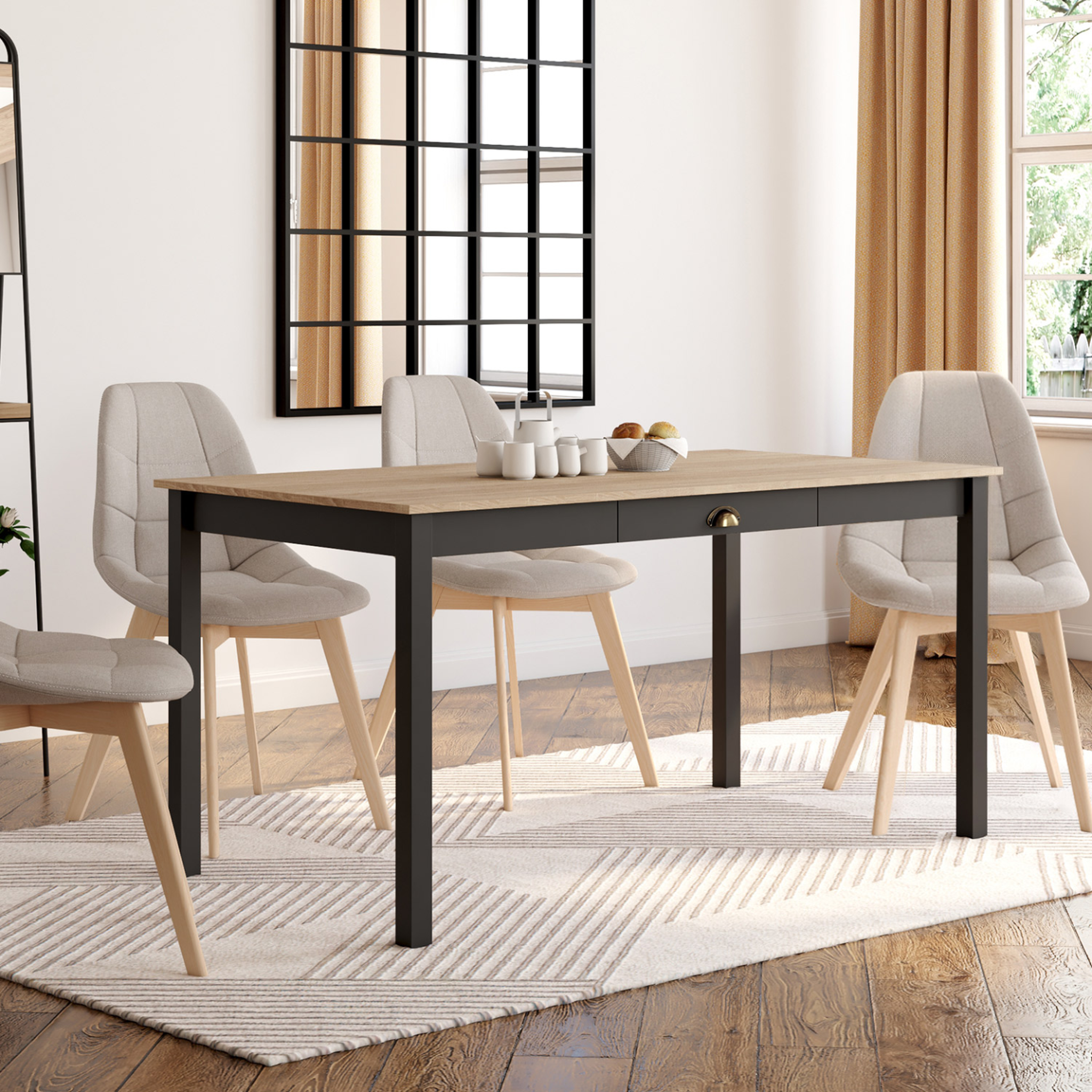 Voir la diapositive 2 : ID MARKET Table à manger rectangle isis 8 personnes avec tiroir bois et noir 150 cm