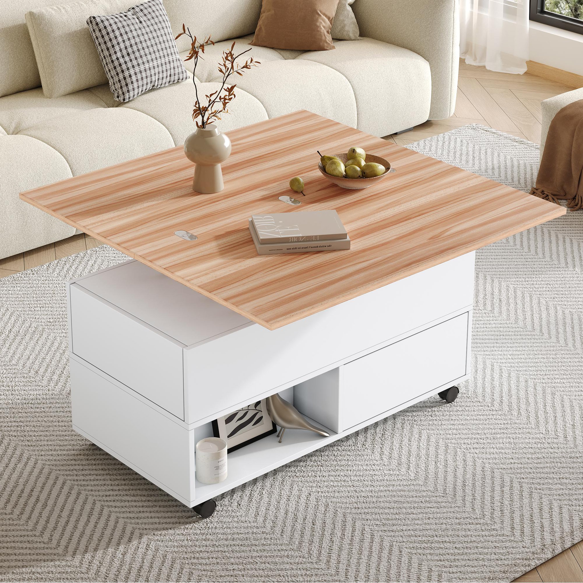 Voir la diapositive 5 : MERAX Table basse relevable rectangulaire blanc+naturel - 50x100 cm panneau de particules