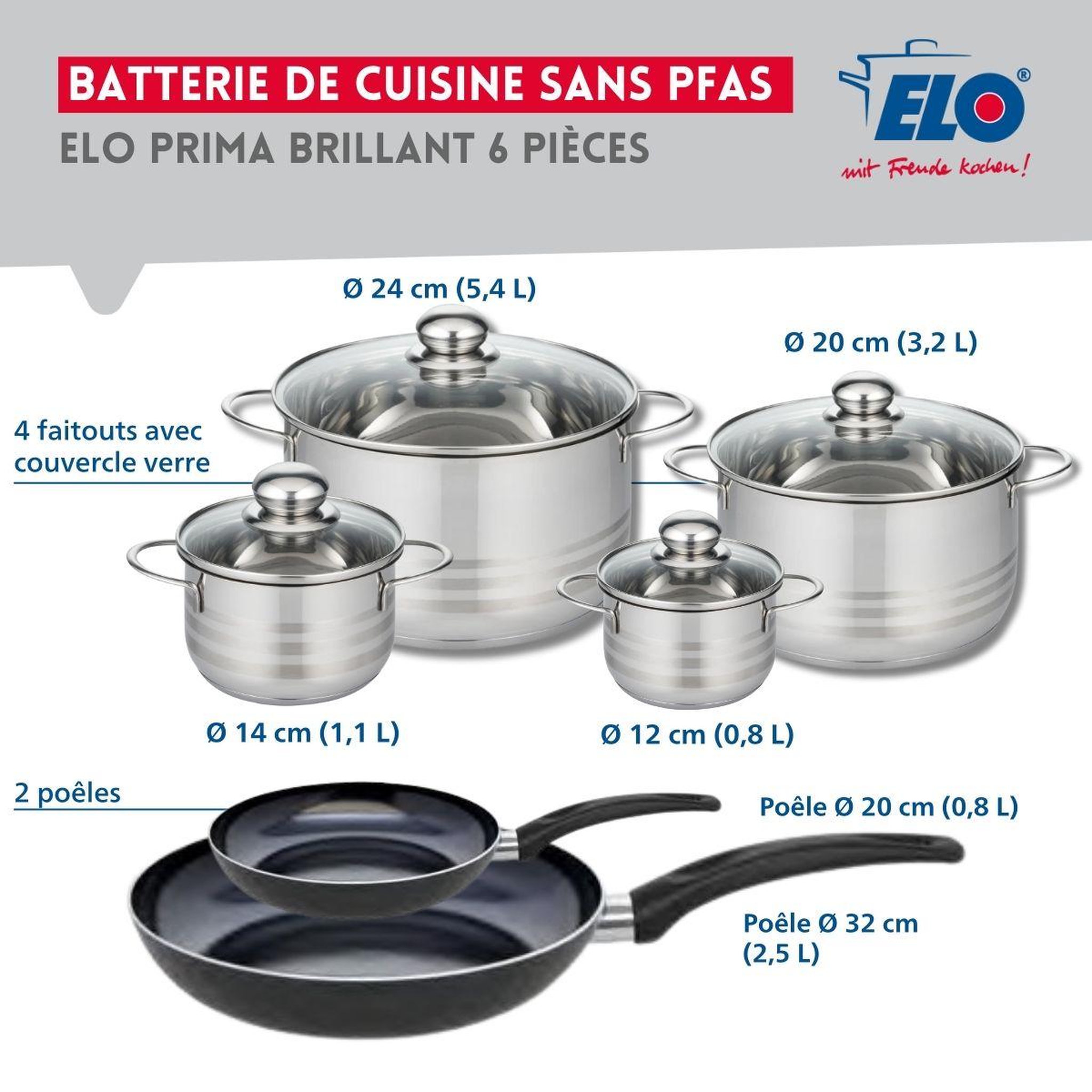 Voir la diapositive 2 : ELO Ensemble de 2 poêles de cuisson 20 et 32 cm et 4 faitouts 12, 14, 20 et 24 cm elo prima brillant