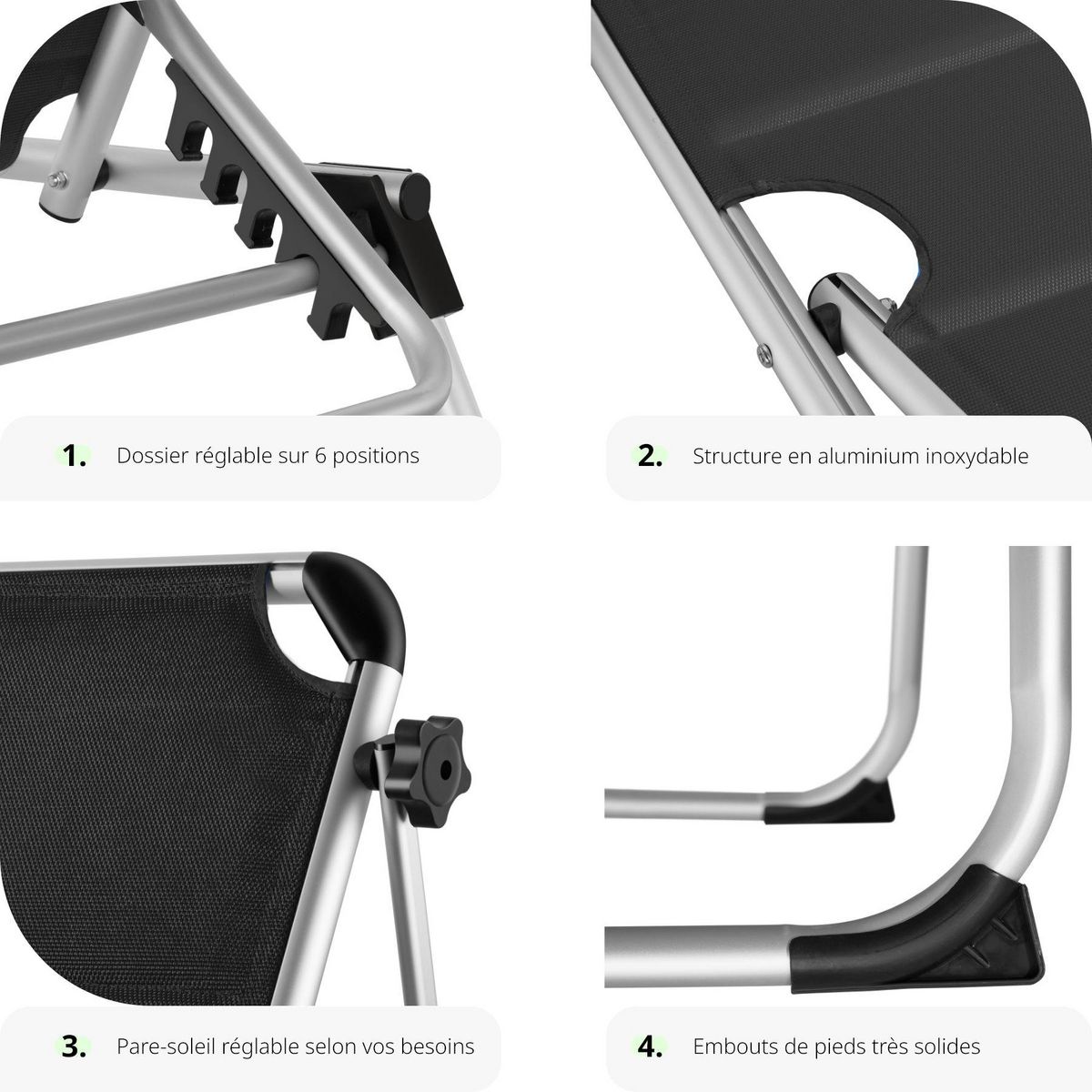 tectake Bain de soleil Transat Chaise longue Rembourrage épais, Pliable noir