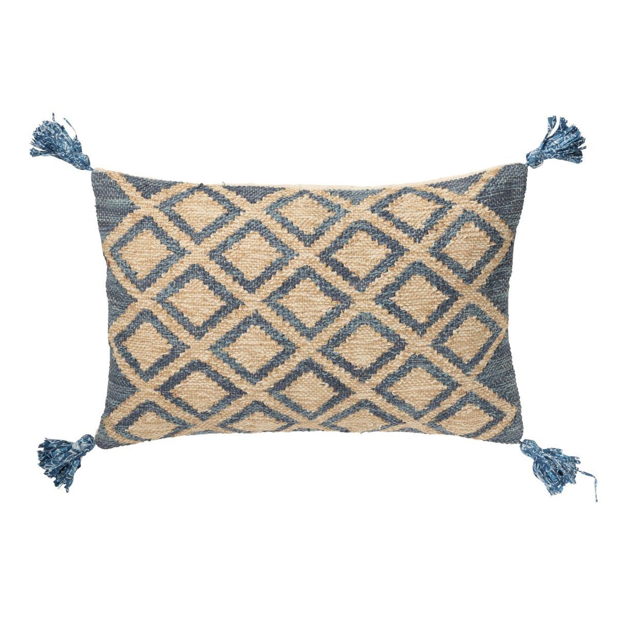 J-LINE Coussin déco en jute  losanges  40x60cm naturel & bleu