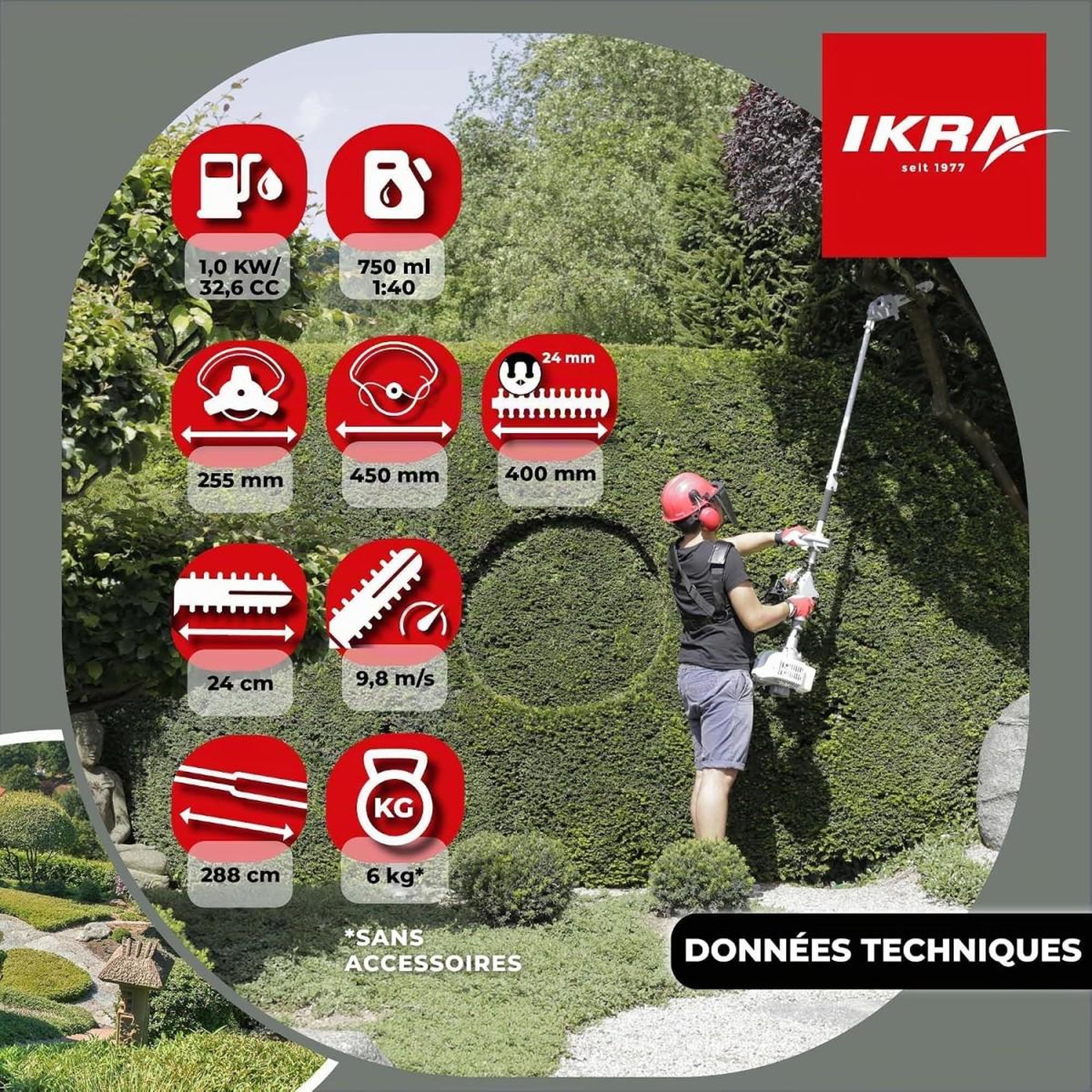 Voir la diapositive 4 : Ikra Débroussailleuse thermique multifonction 4en1 32,6 cm³ 1kW Élagueuse Taille-haie Fil + Lame 3 dents Rallonge IKRA