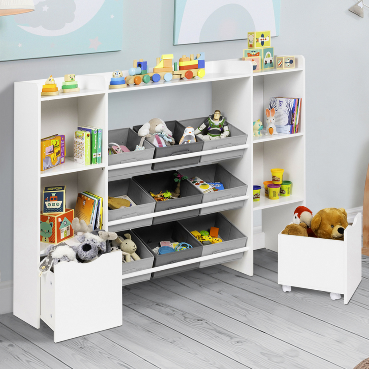 ID MARKET Meuble de rangement enfant MANA 7 étagères, 9 bacs en tissu et 2 cubes sur roulettes blanc