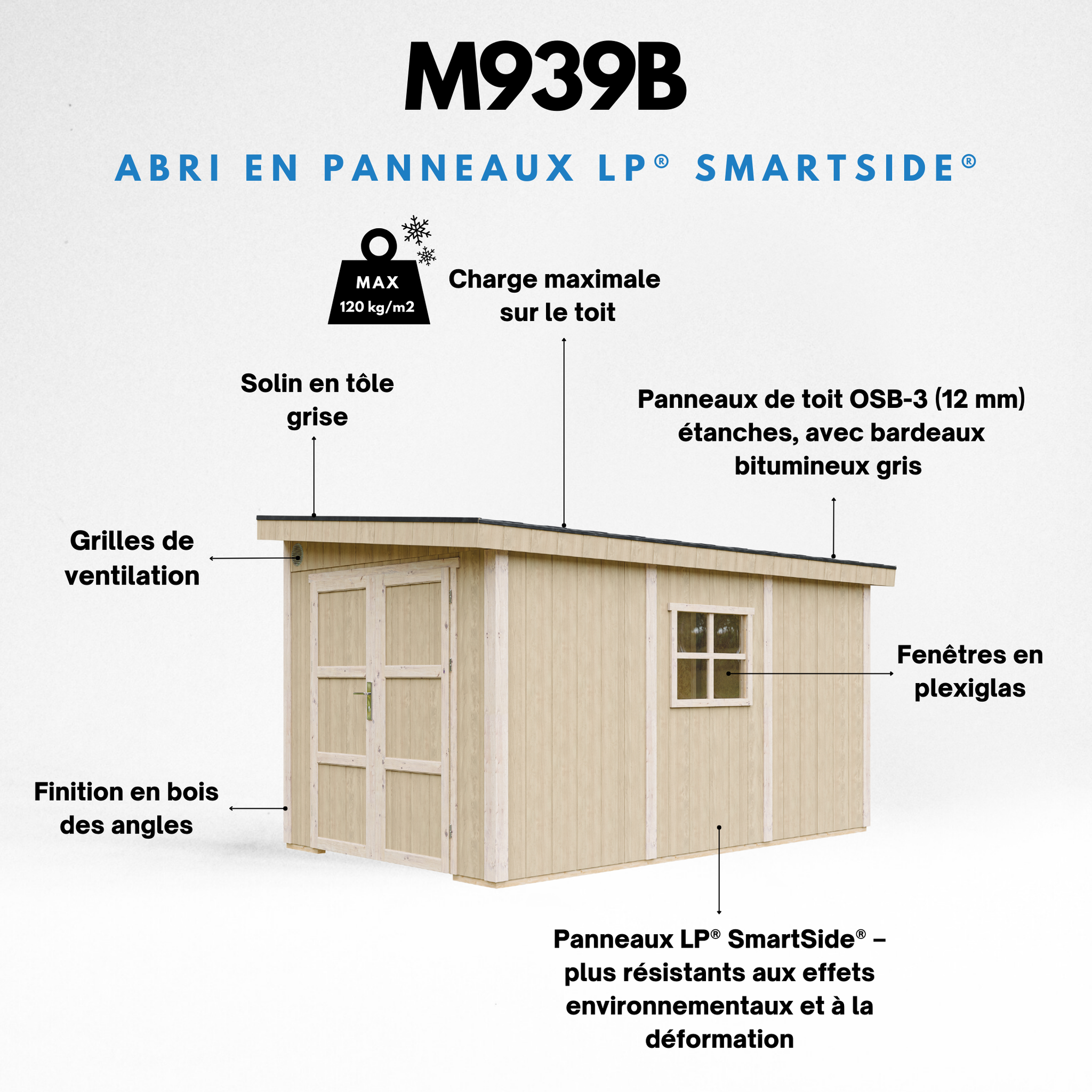 Voir la diapositive 5 : TIMBELA Abri de jardin qualité premium 8,68 m² h231x248x412 cm sans plancher et paroi latérale m939b
