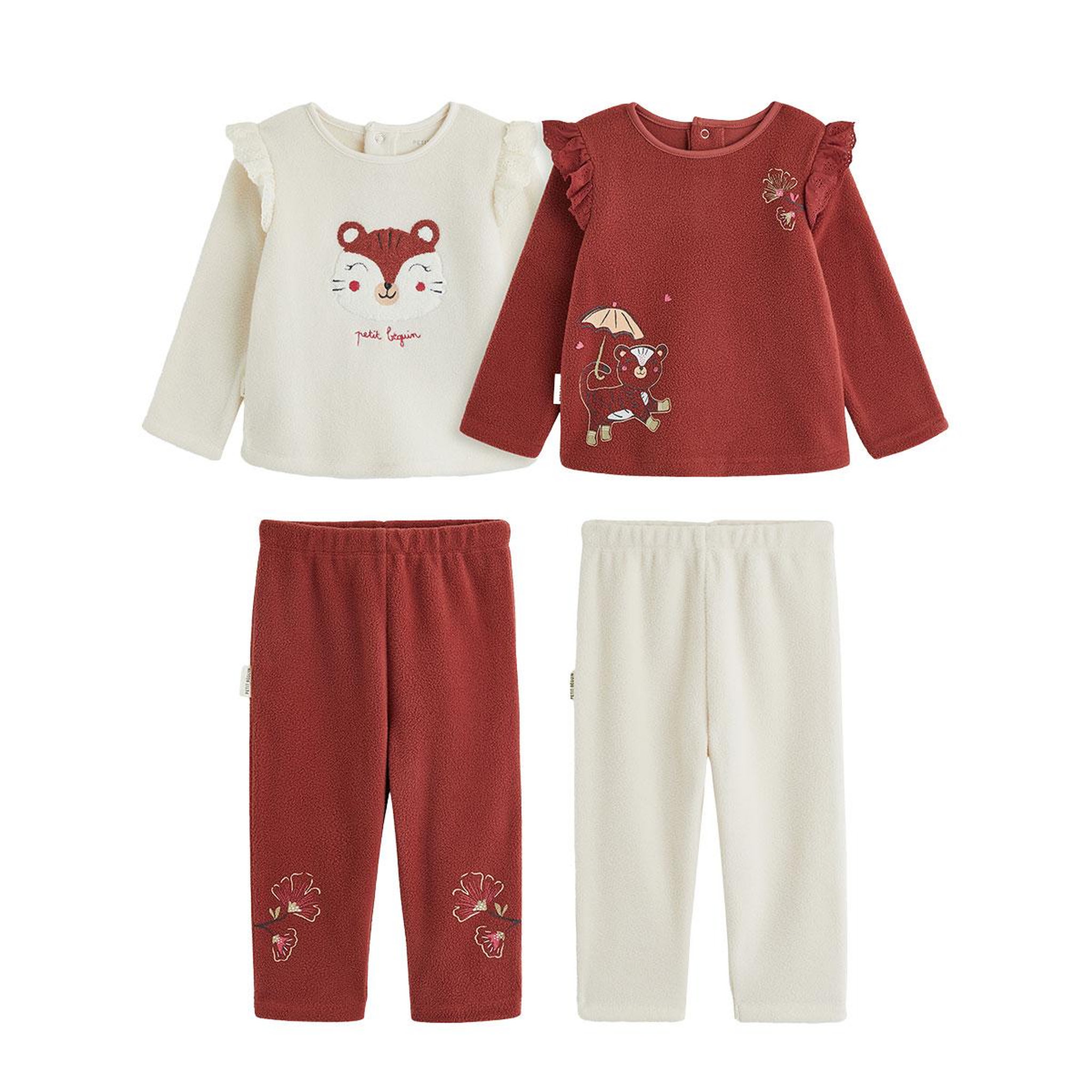 PETIT BEGUIN Lot de 2 pyjamas enfant 2 pièces en polaire léa. Coloris disponibles : Rose