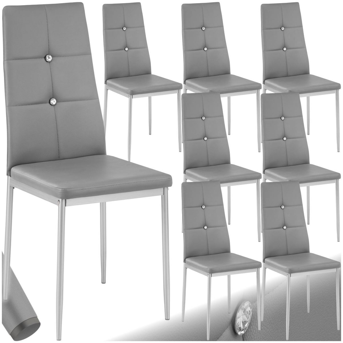 tectake Ensemble de chaises de salle à manger rembourré avec revêtement aspect cuir gris Lot de 8