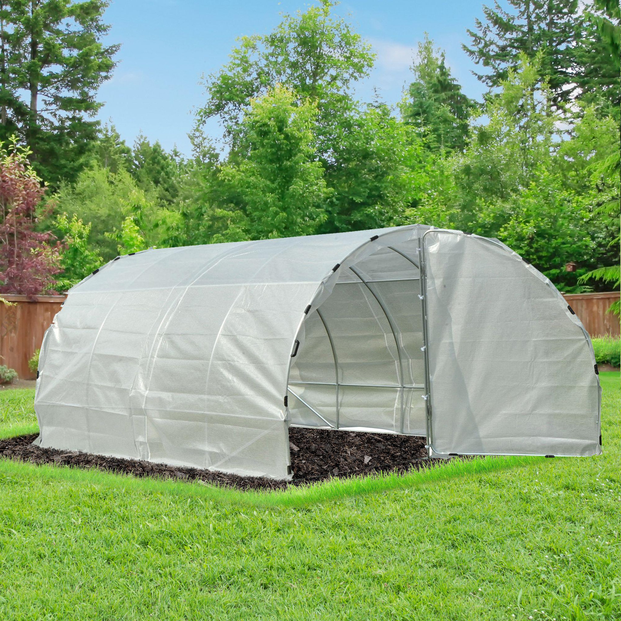 Voir la diapositive 2 : OUTSUNNY Serre de jardin tunnel surface sol 12 m² 4l x 3l x 2h m châssis tubulaire renforcé 25 mm double porte avec poignées blanc