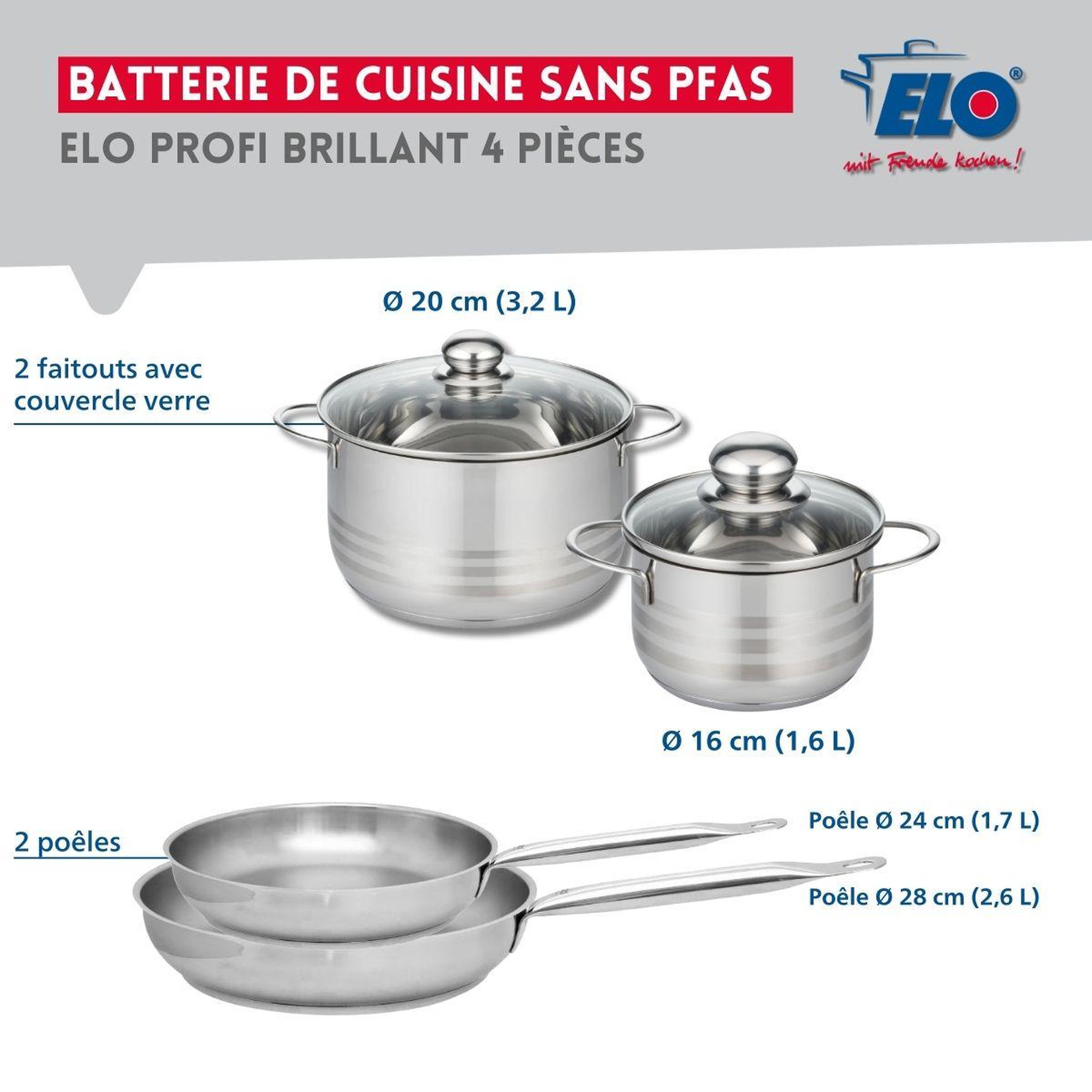 Voir la diapositive 2 : ELO Ensemble de 2 poêles de cuisson 24 et 28 cm et 2 faitouts 16 et 20 cm elo profi brillant