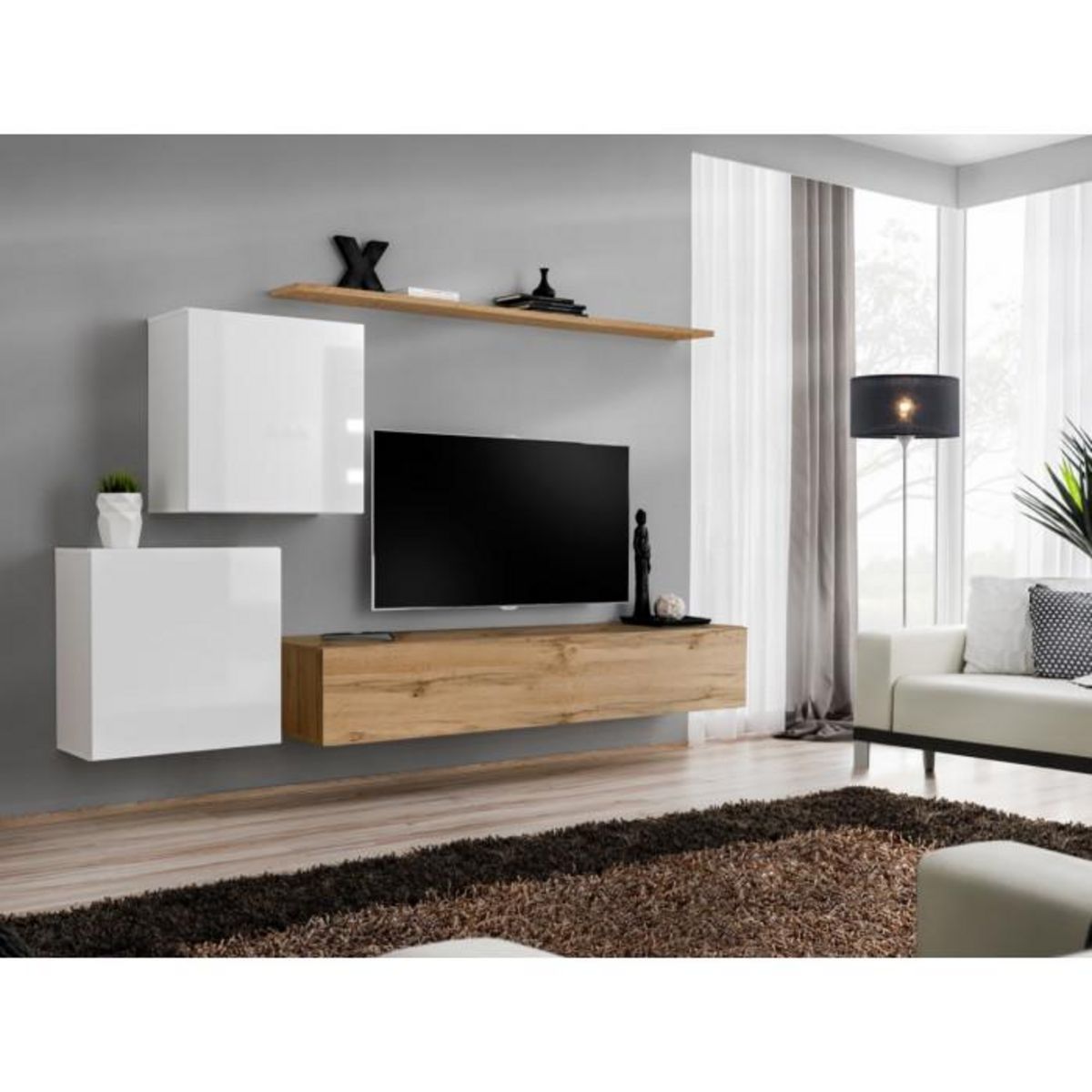 Paris Prix Meuble TV Mural Design  Switch V  250cm Blanc & Naturel